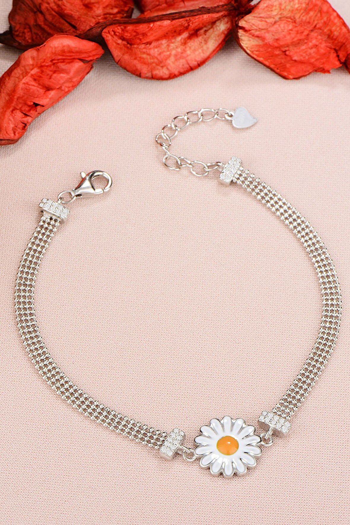 925 Ayar Gümüş Toplu Rodyum Kaplama Papatya Bileklik