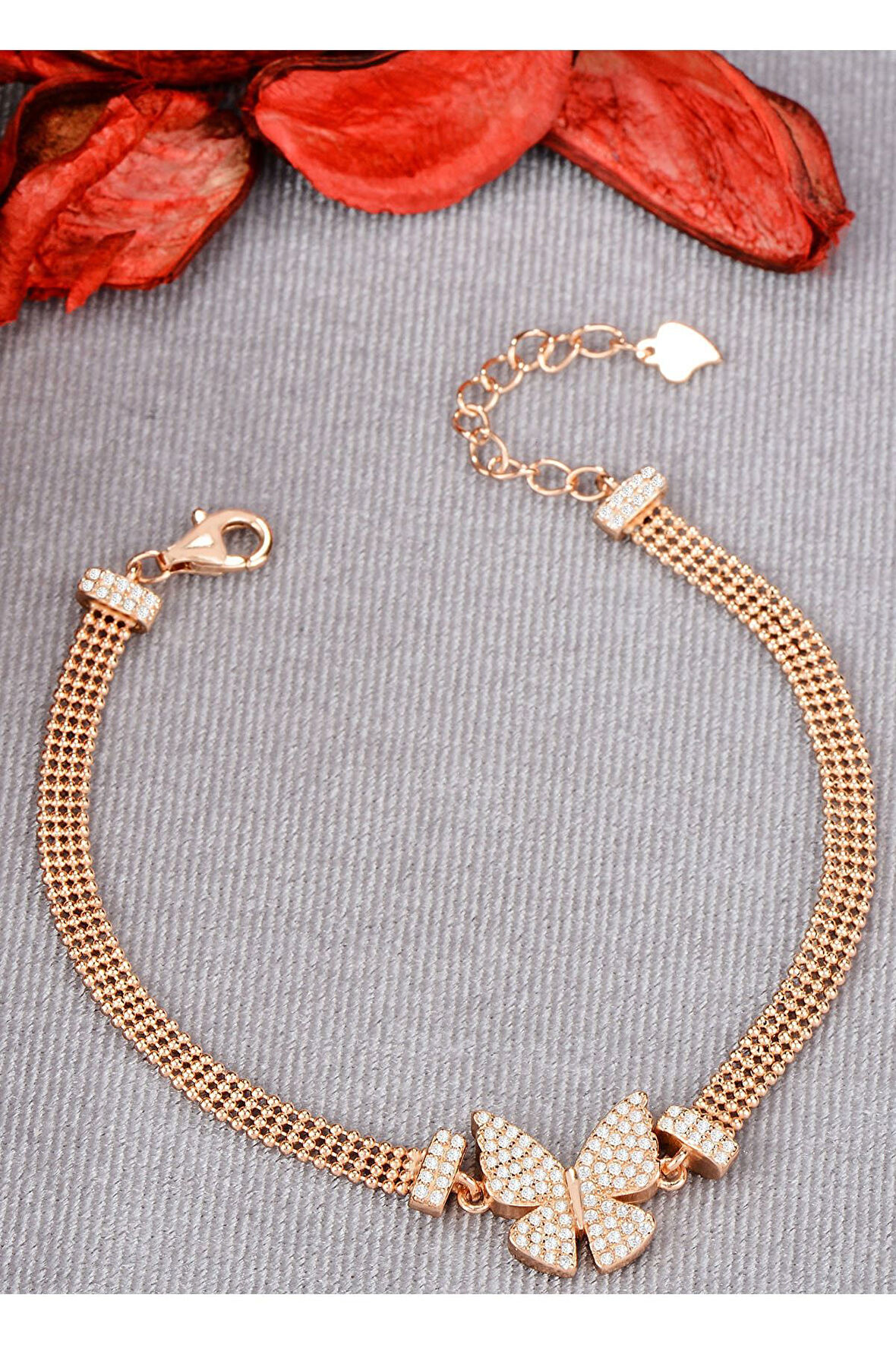 925 Ayar Gümüş Toplu Rose Kaplama Kelebek Bileklik