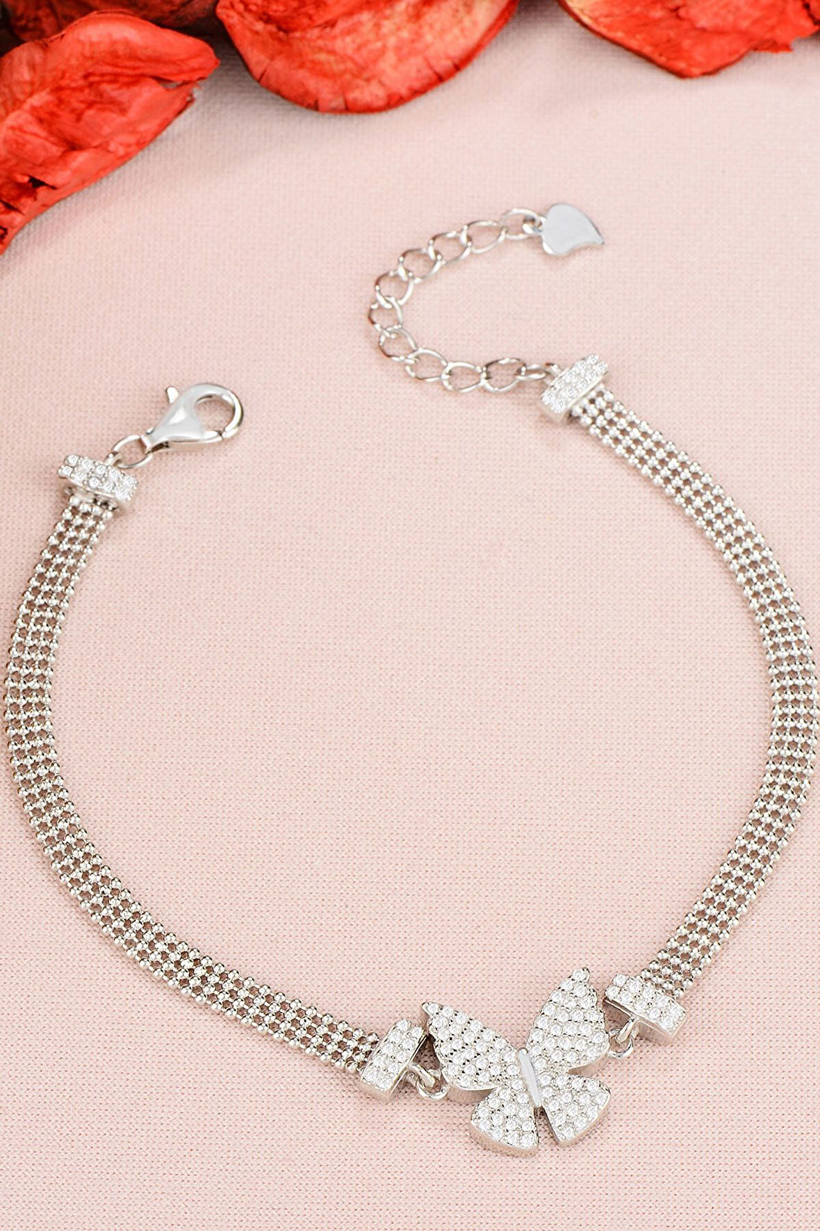 925 Ayar Gümüş Toplu Rodyum Kaplama Kelebek Bileklik