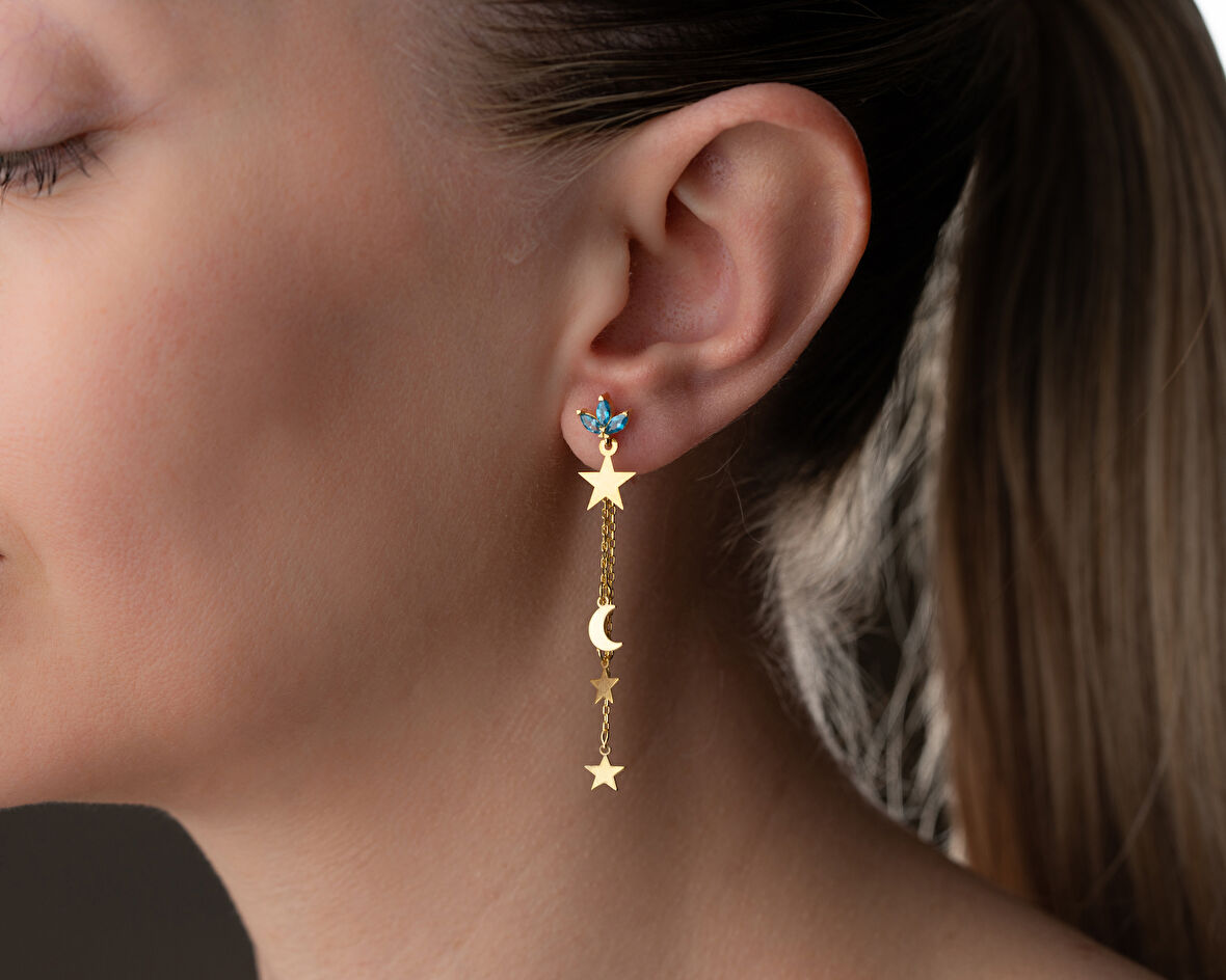 925 Ayar Yıldız  Figürlü Ay Yıldız Sallantılı Doğum Taşlı Küpe 