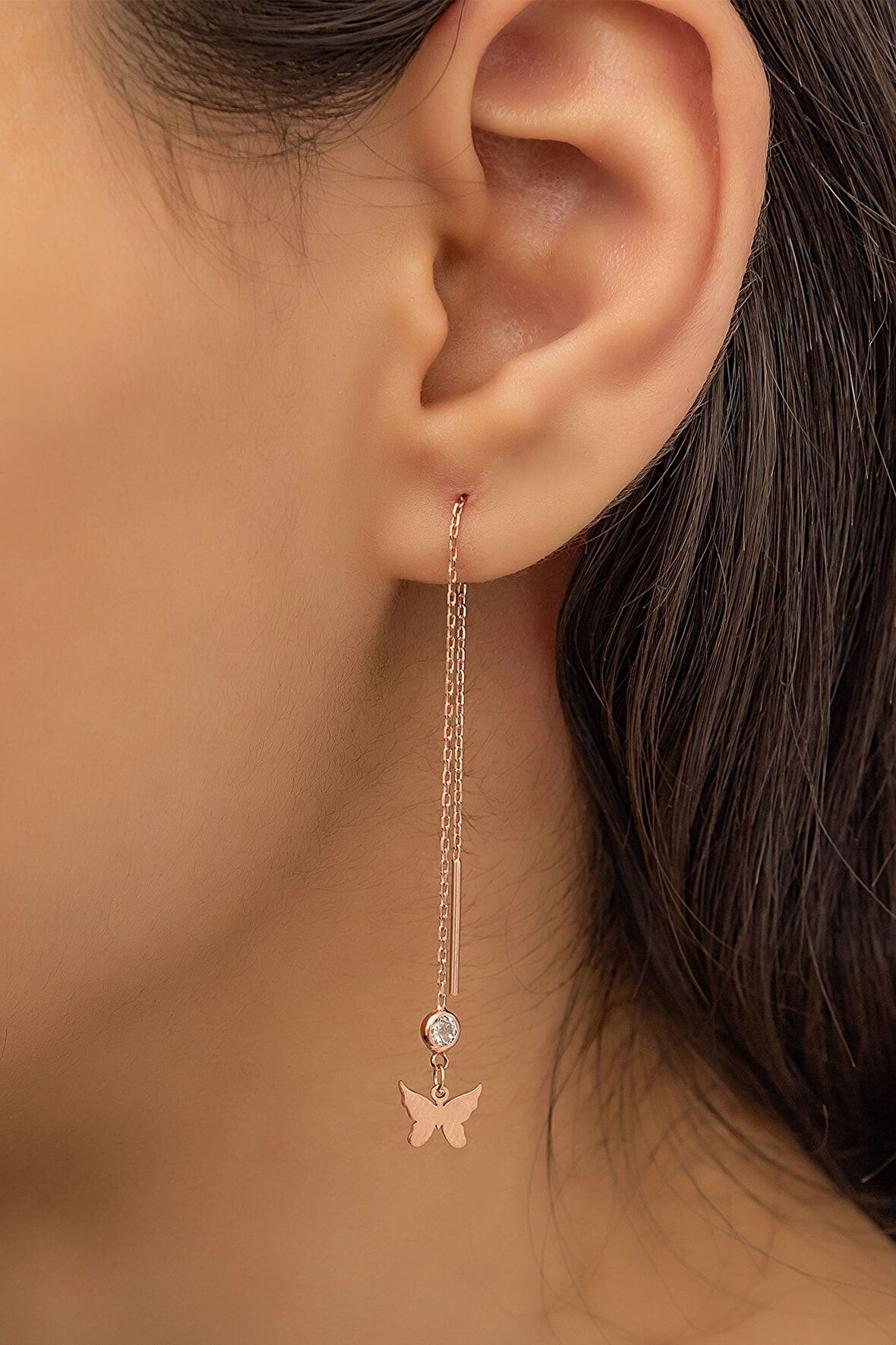 Sallantılı Tekli Kelebek Küpe Nano Zirkon ;Taşlı Rose Gold Kaplama 925 Ayar Gümüş Küpe