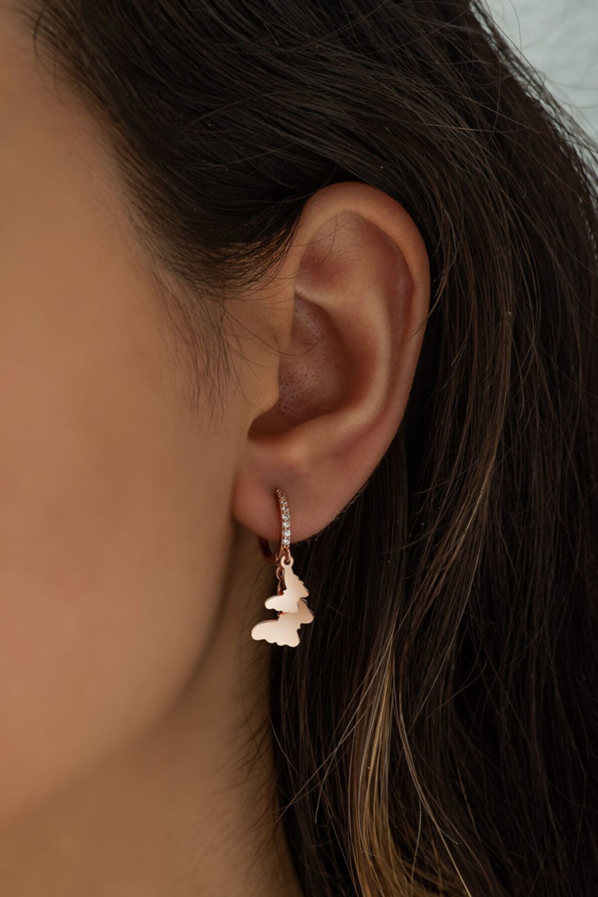 Çift Kelebek Sallantılı Küpe Rose Kaplama Gümüş Uvps300121