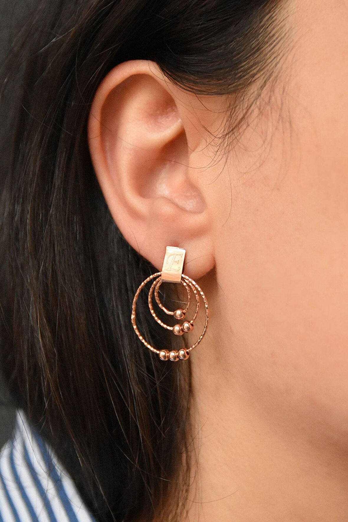 925 Ayar Gümüş Rose Altın Kaplama Halka Çivili Küpe