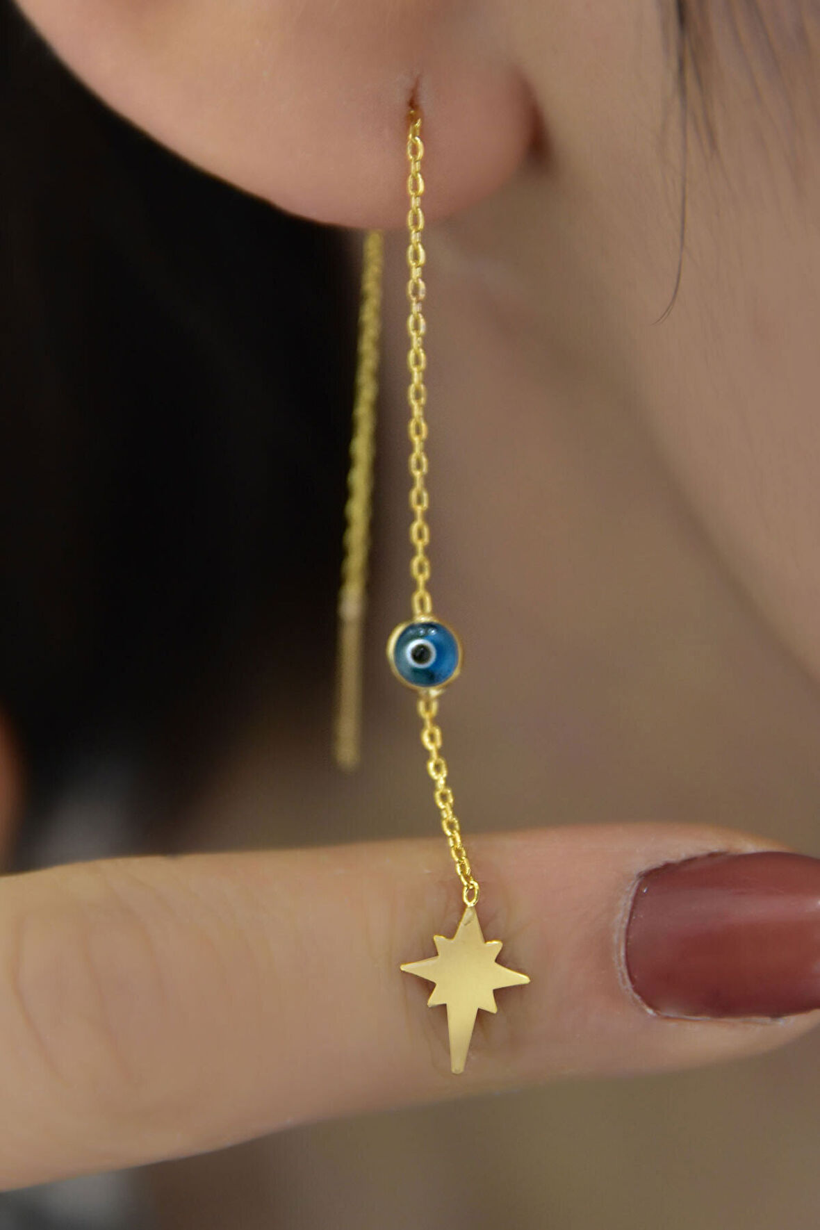 925 Ayar Gümüş Altın Kaplama Cam Göz Kutup Yıldızı Zincir Küpe Çift