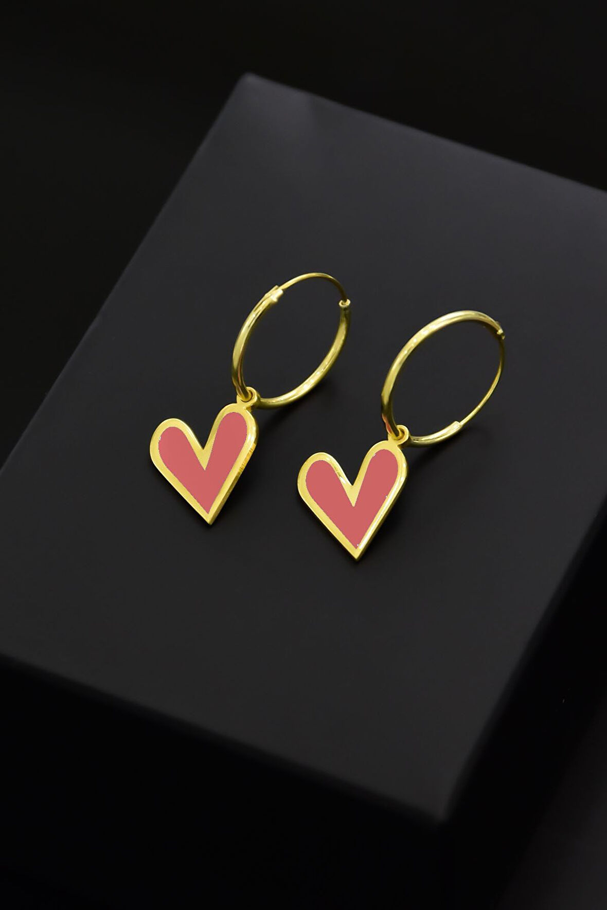 925 Ayar Gümüş Altın Kaplama Açık Pembe Mineli Kalp Halka Küpe