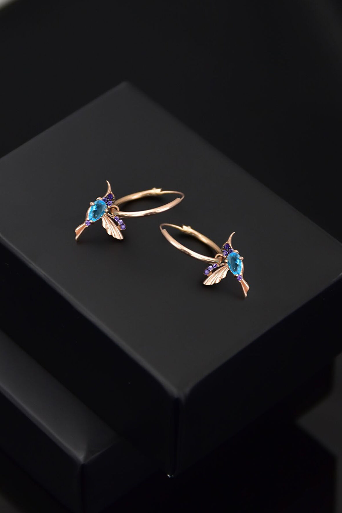 925 Ayar Gümüş Rose Kaplama Taşlı Halka Kuş Küpe