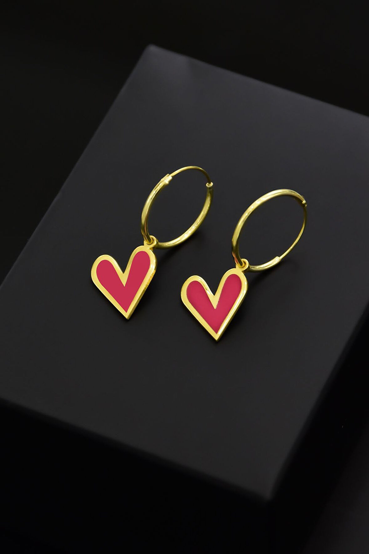 925 Ayar Gümüş Altın Kaplama Pembe Mineli Kalp Küpe