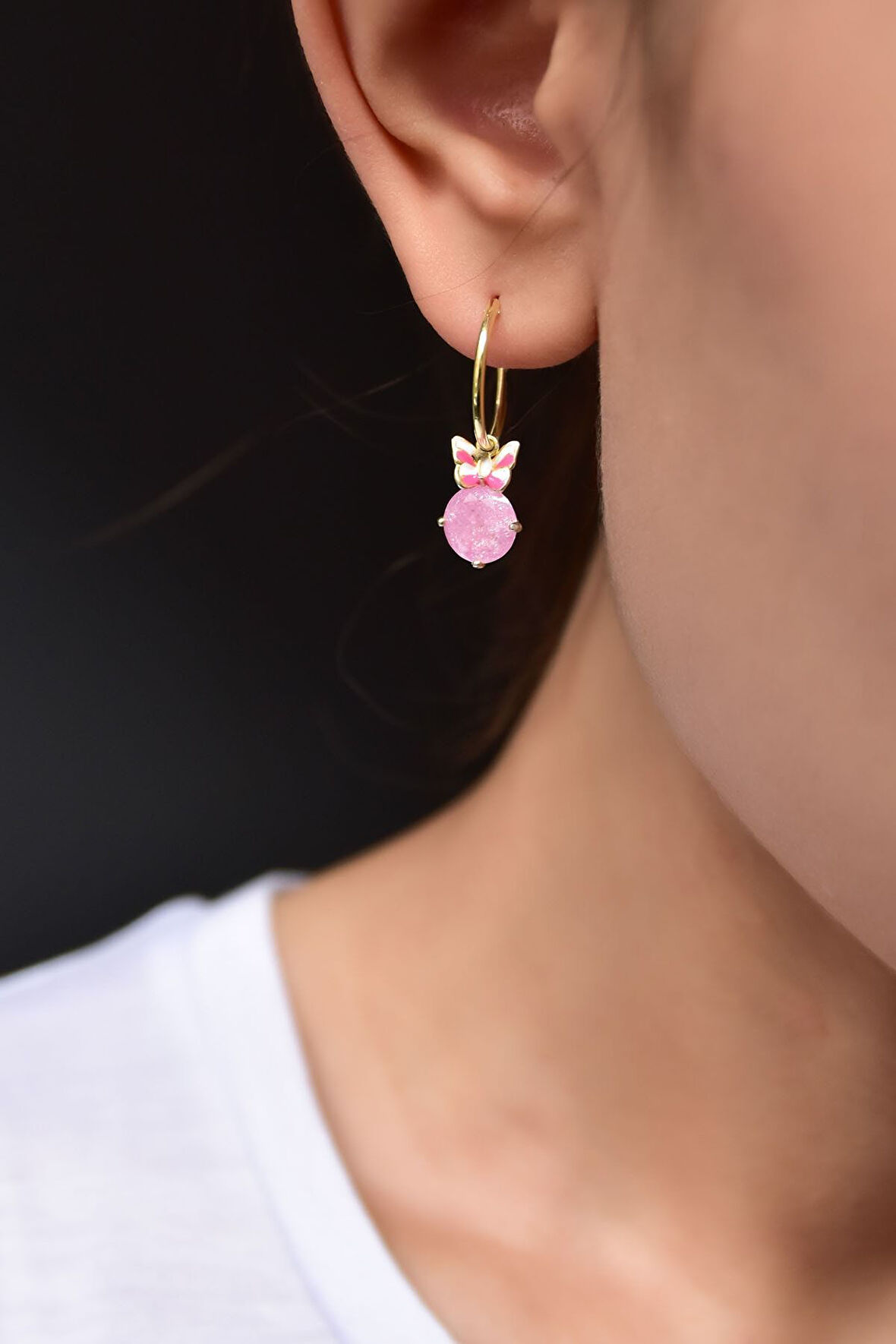 925 Ayar Gümüş Altın Kaplama Pembe Taşlı Kelebek Halka Küpe