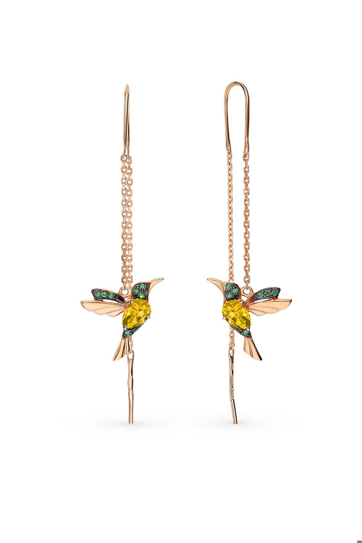 925 Ayar Gümüş Rose Kaplama Sarı Taşlı Sallantılı Kuş Küpe