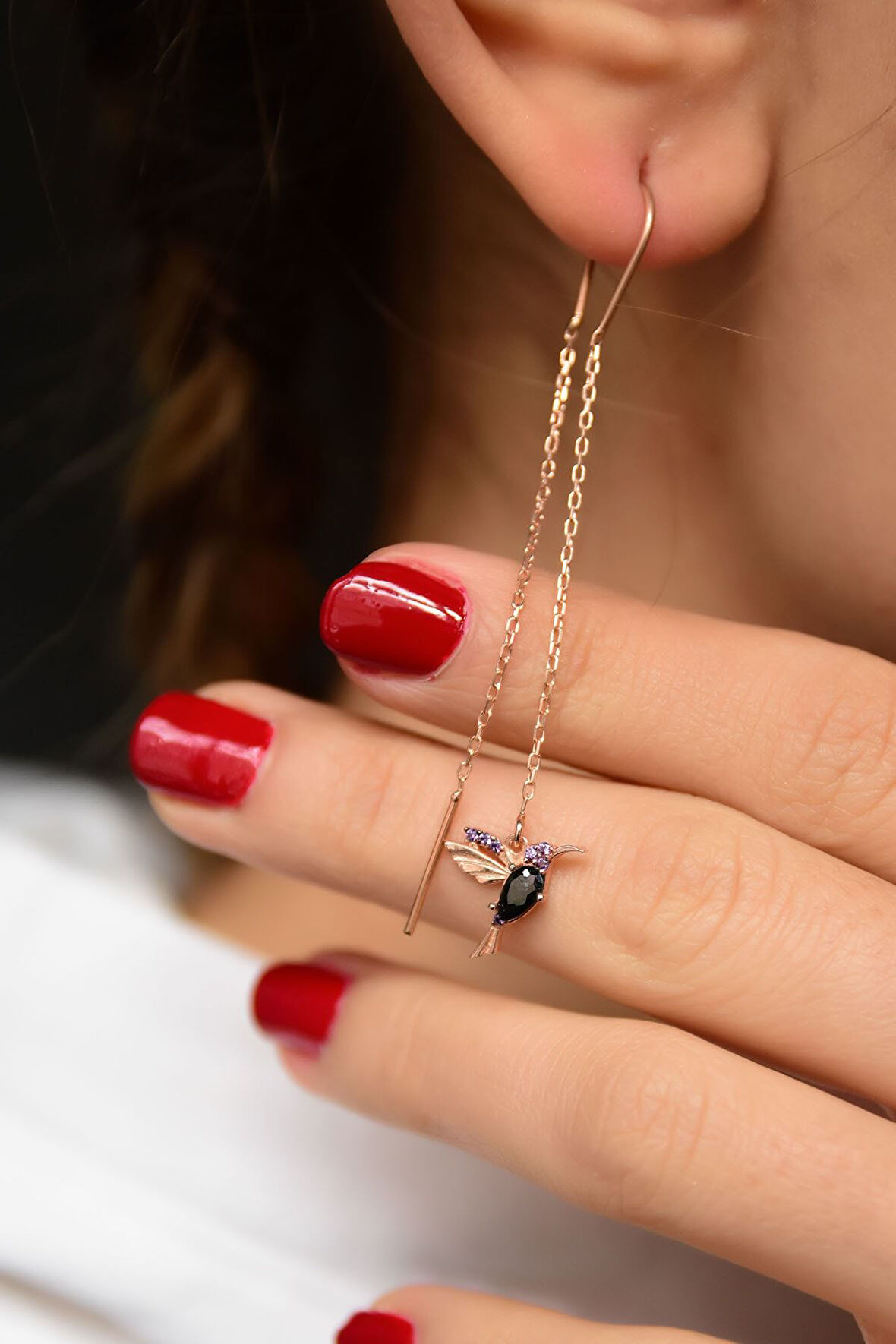 925 Ayar Gümüş Rose Kaplama Siyah Mor Taşlı Zincir Kuş Küpe