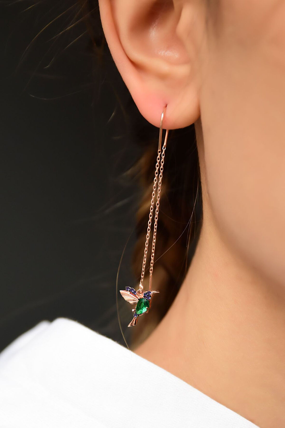 925 Ayar Gümüş Rose Kaplama Yeşil Mor Taşlı Zincir Kuş Küpe