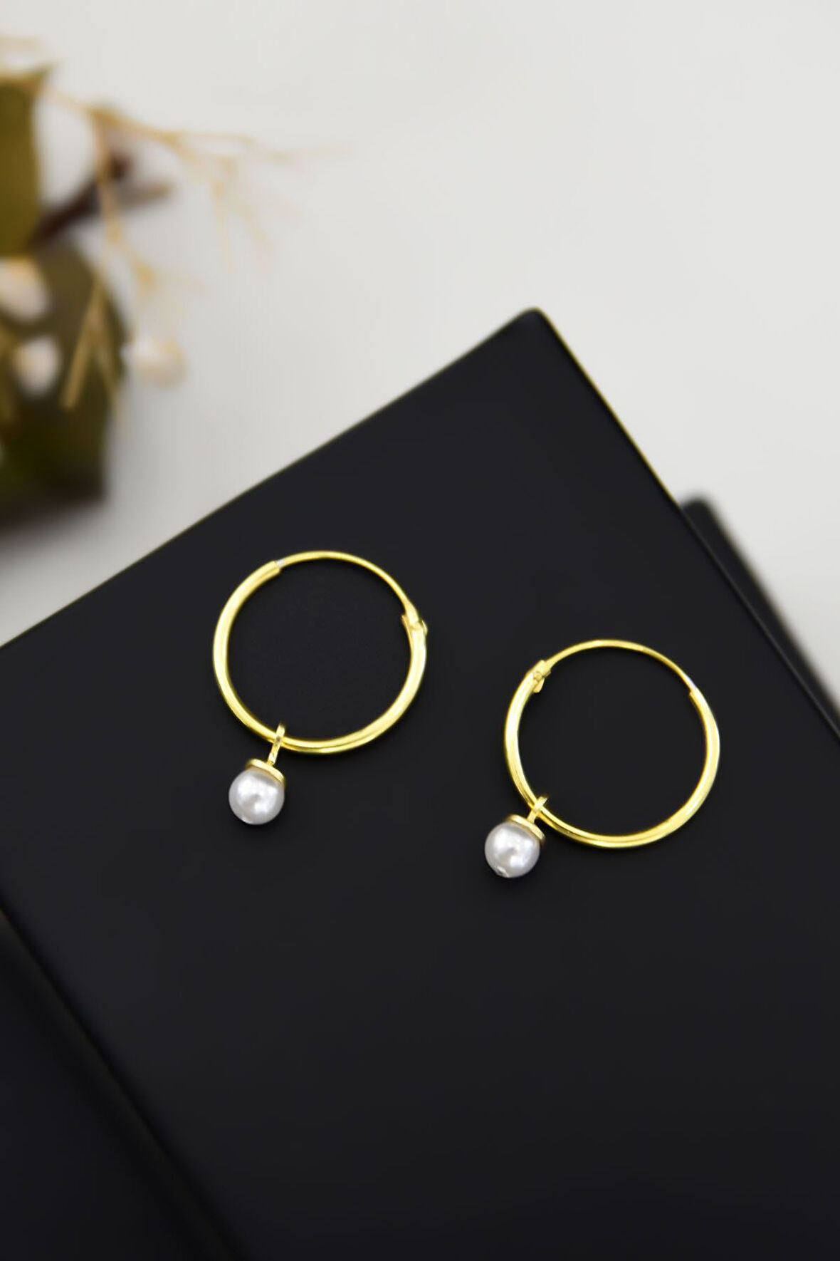 925 Ayar Gümüş Altın Kaplama Inci Taşlı Halka Küpe