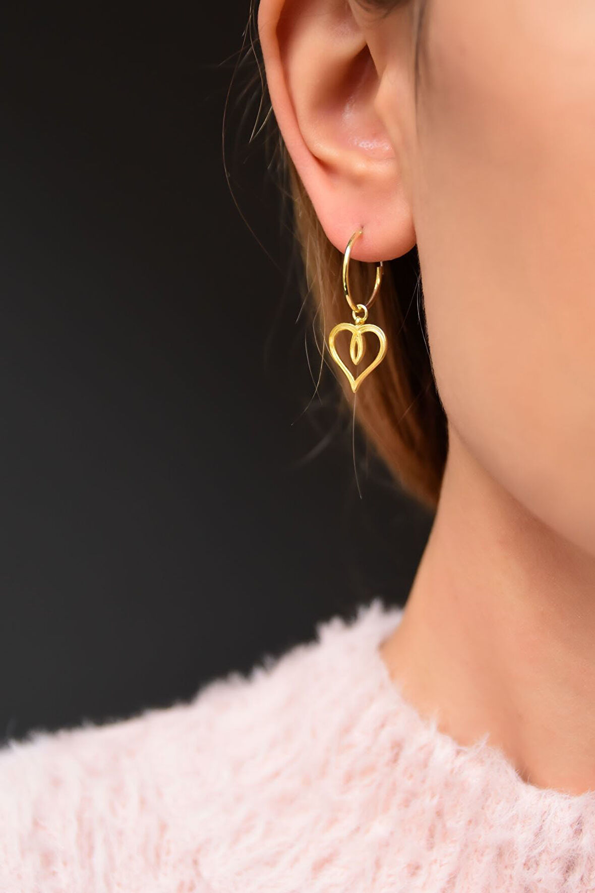 925 Ayar Gümüş Altın Kaplama Kalp Halka Küpe