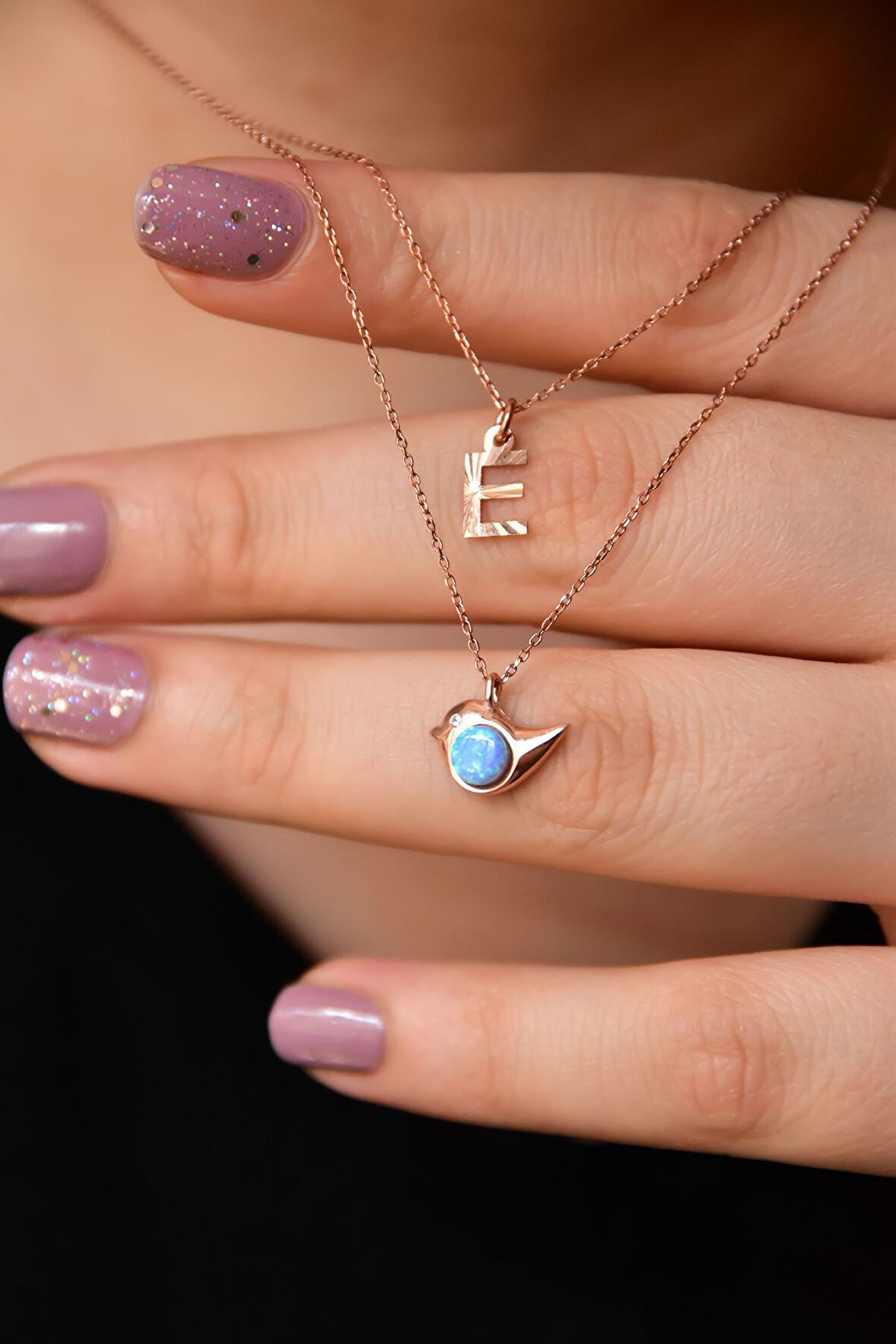 925 Ayar Gümüş Rose Kaplama Harf Ve Opal Taşlı Kuş Asansör Kolye