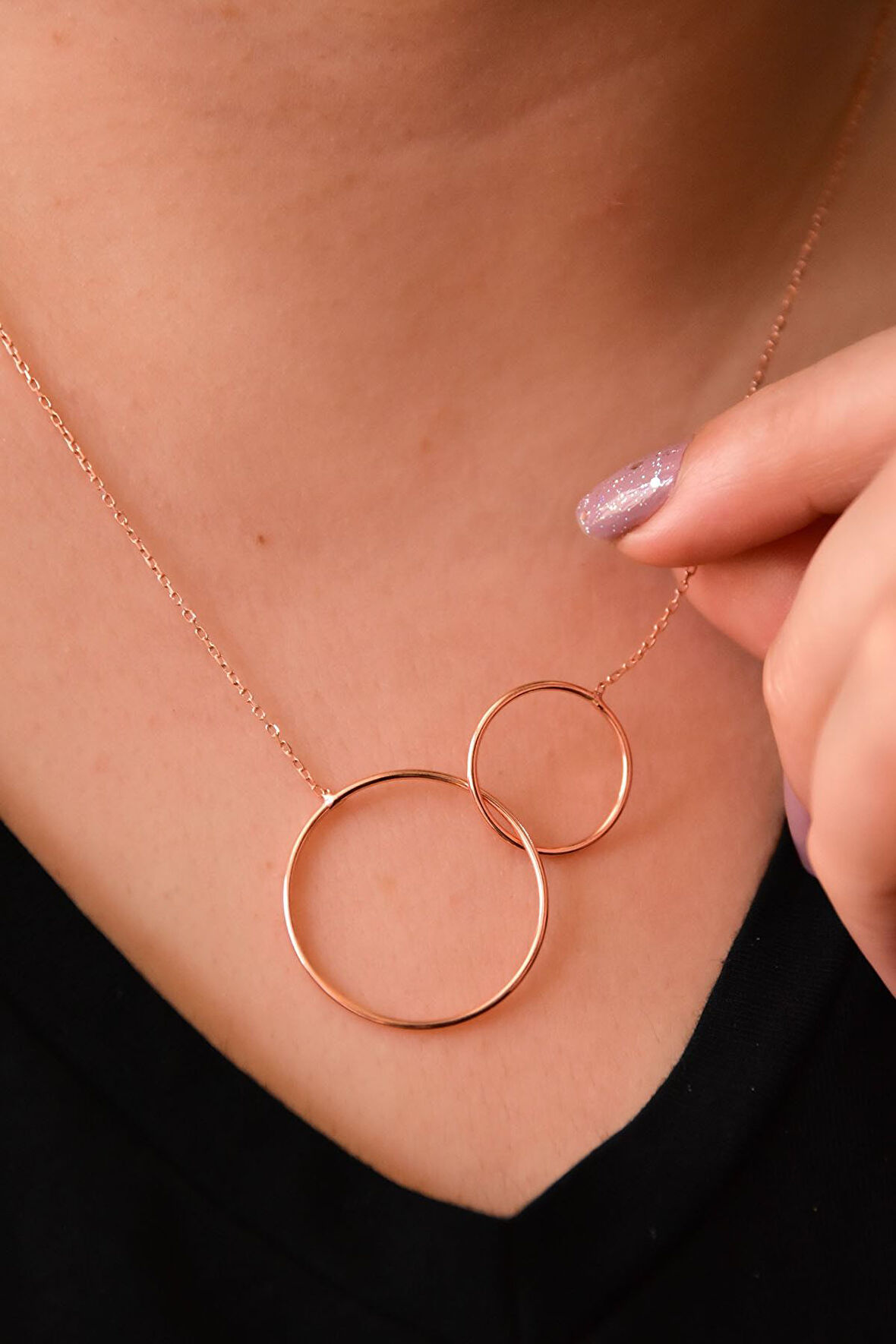 925 Ayar Gümüş Rose Altın Kaplama Çift Halka Kolye