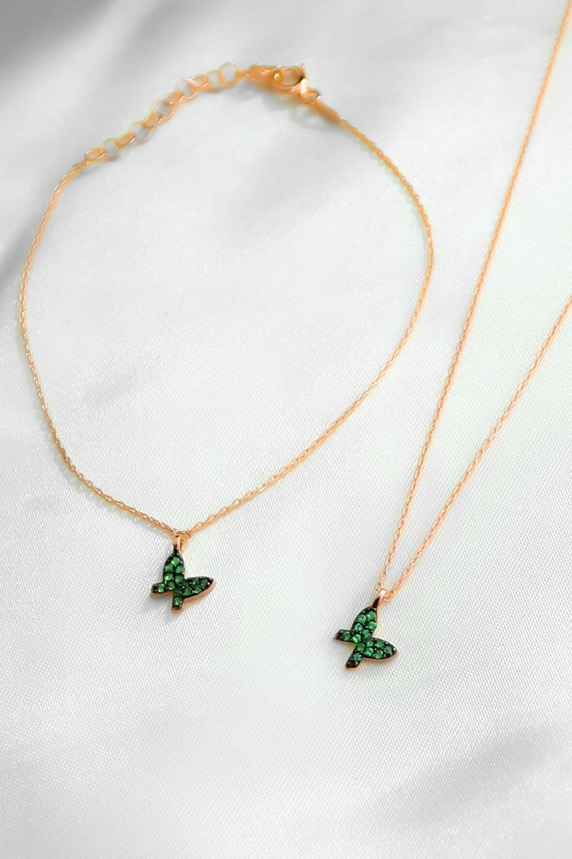 925 Ayar Gümüş Rose Kaplama Taşlı Kelebek Kolye Bileklik Set