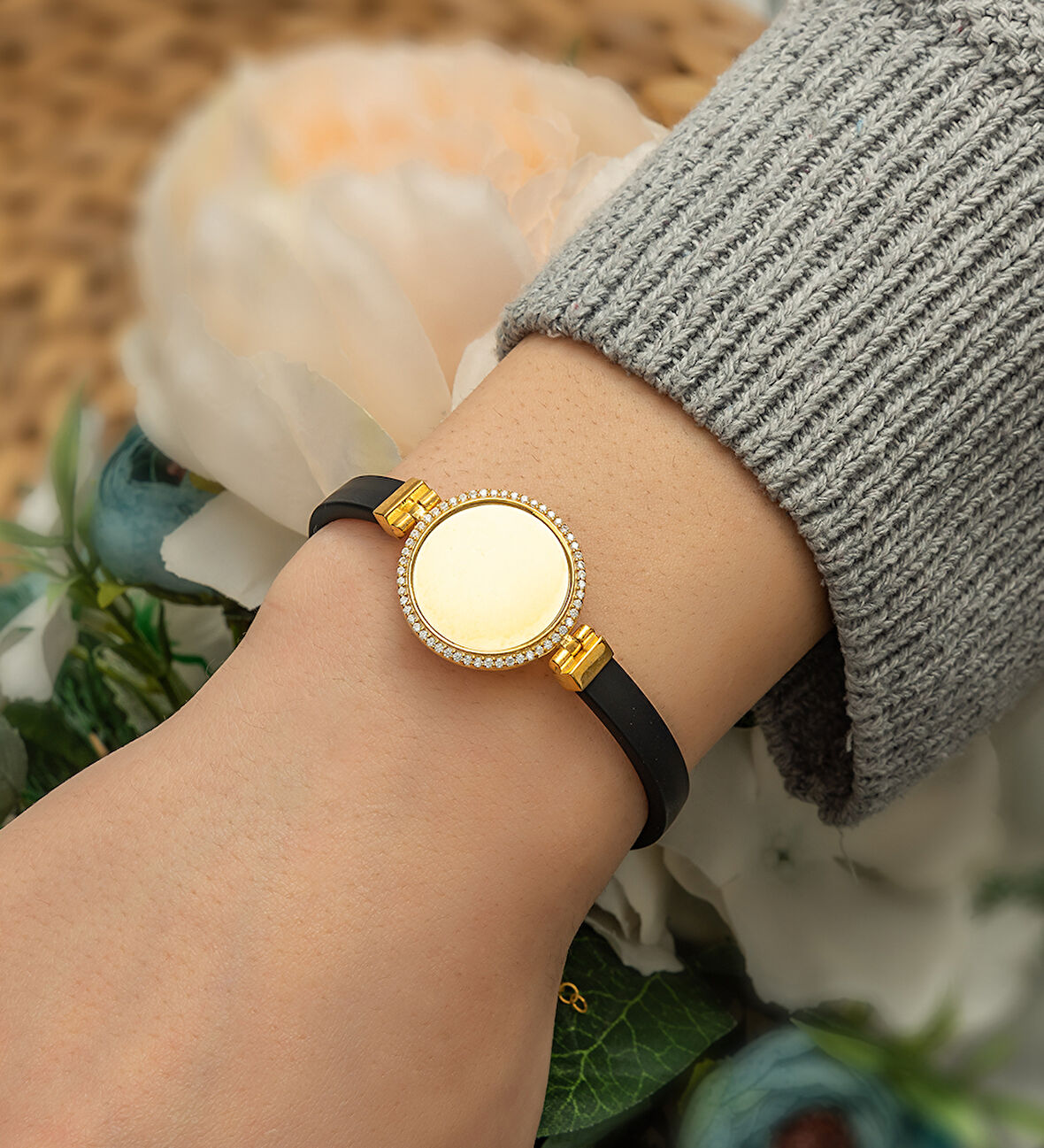 925 AYAR GOLD 14K Renk Deri Bileklik Kişiye Özel Zirkon Taşlı Plaka Bileklik