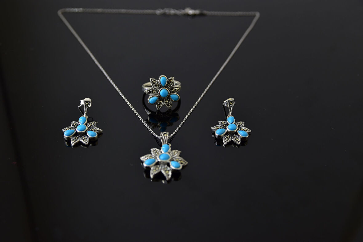 925 Ayar Firuze Taşlı Markezit Set