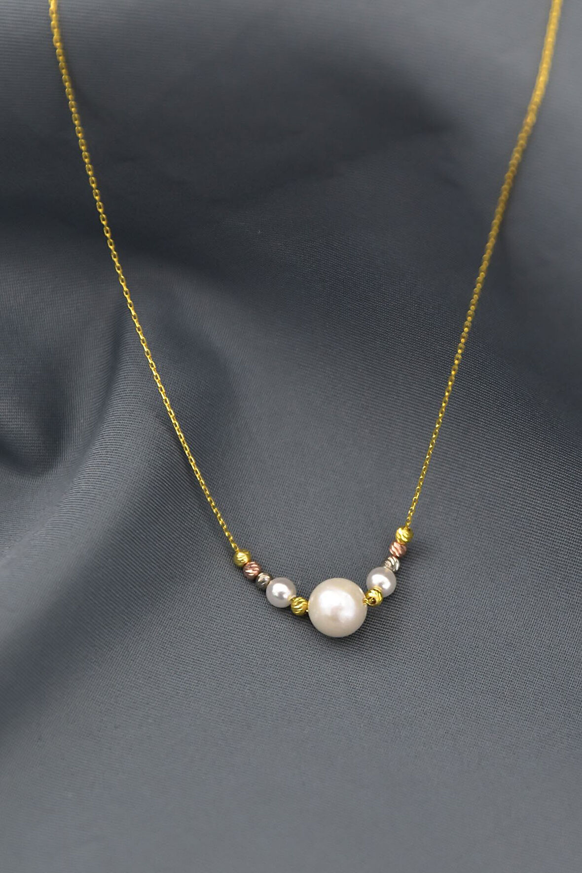 925 Ayar Gümüş Üç Renk Dorika Toplu Incili Kadın Kolye Uvpts100002