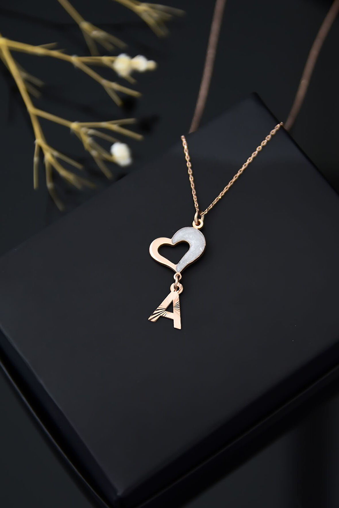 925 Ayar Gümüş Rose Kaplama Kristal A Harfli Sedef Mineli Kalp Kadın Kolye