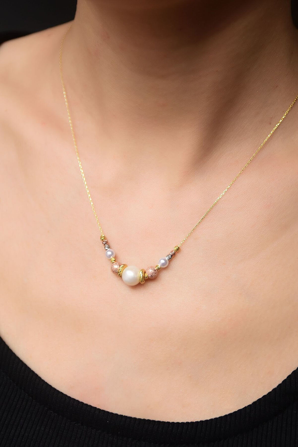 925 Ayar Gümüş Sim Üç Renk Dorika Toplu Incili Kadın Kolye