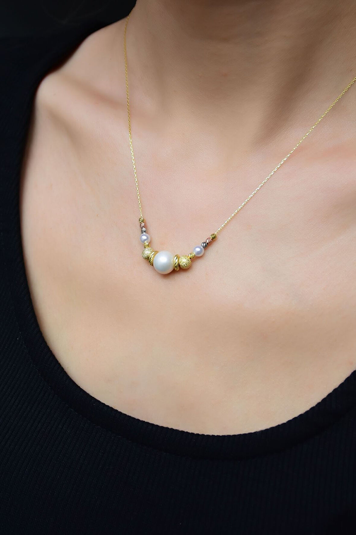 925 Ayar Gümüş Sim Üç Renk Dorika Toplu Incili Kadın Kolye