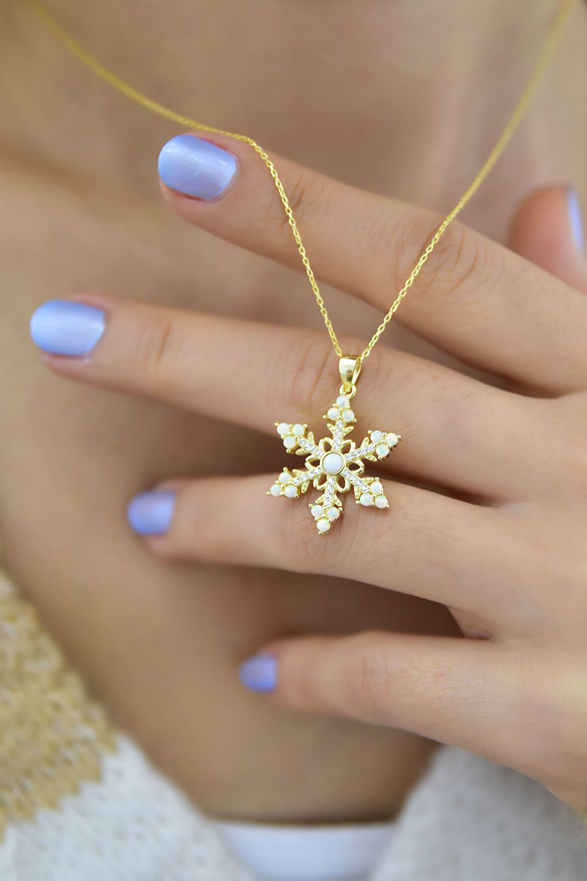 925 Ayar Gümüş Gold Kaplama Opal Kar Tanesi Kadın Kolye