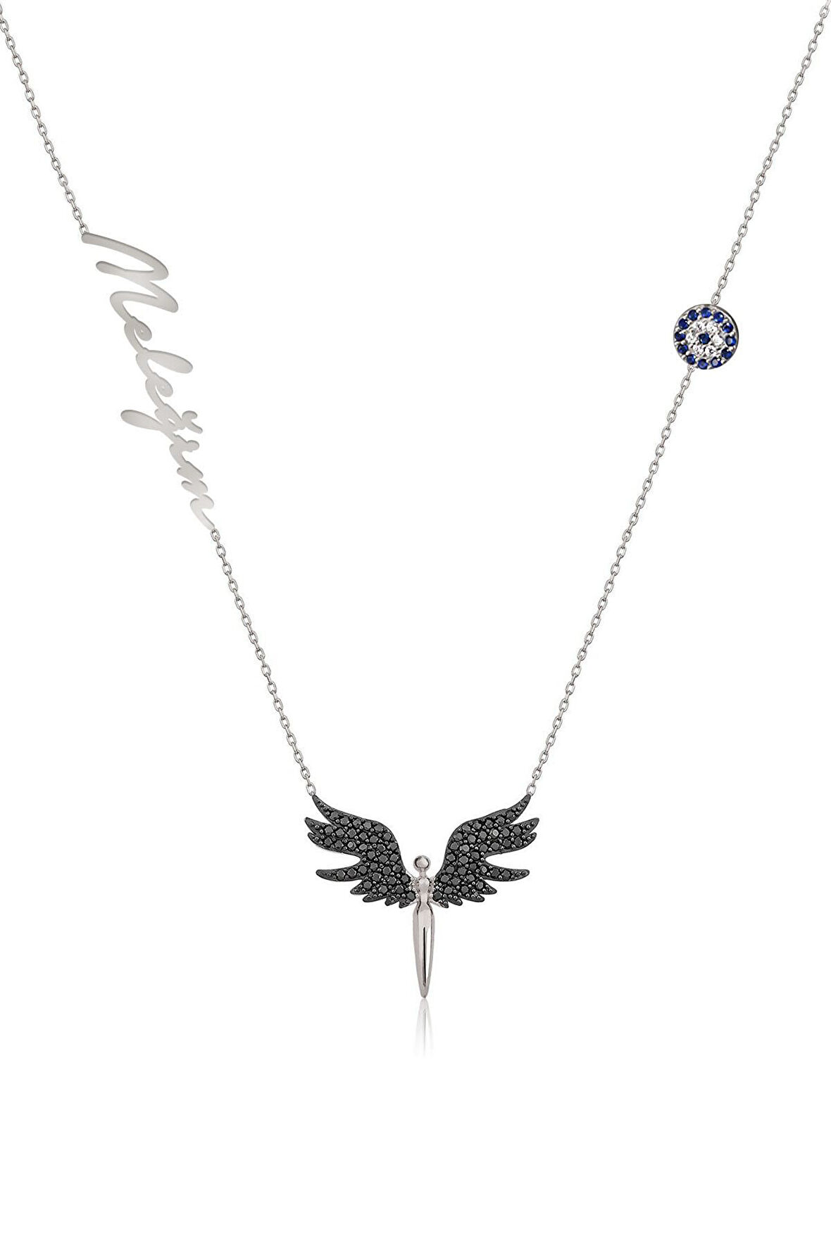 925 Ayar Gümüş Rodyum Kaplama Nazar Boncuklu Siyah Taşlı Mikail Meleği Isimli Kolye