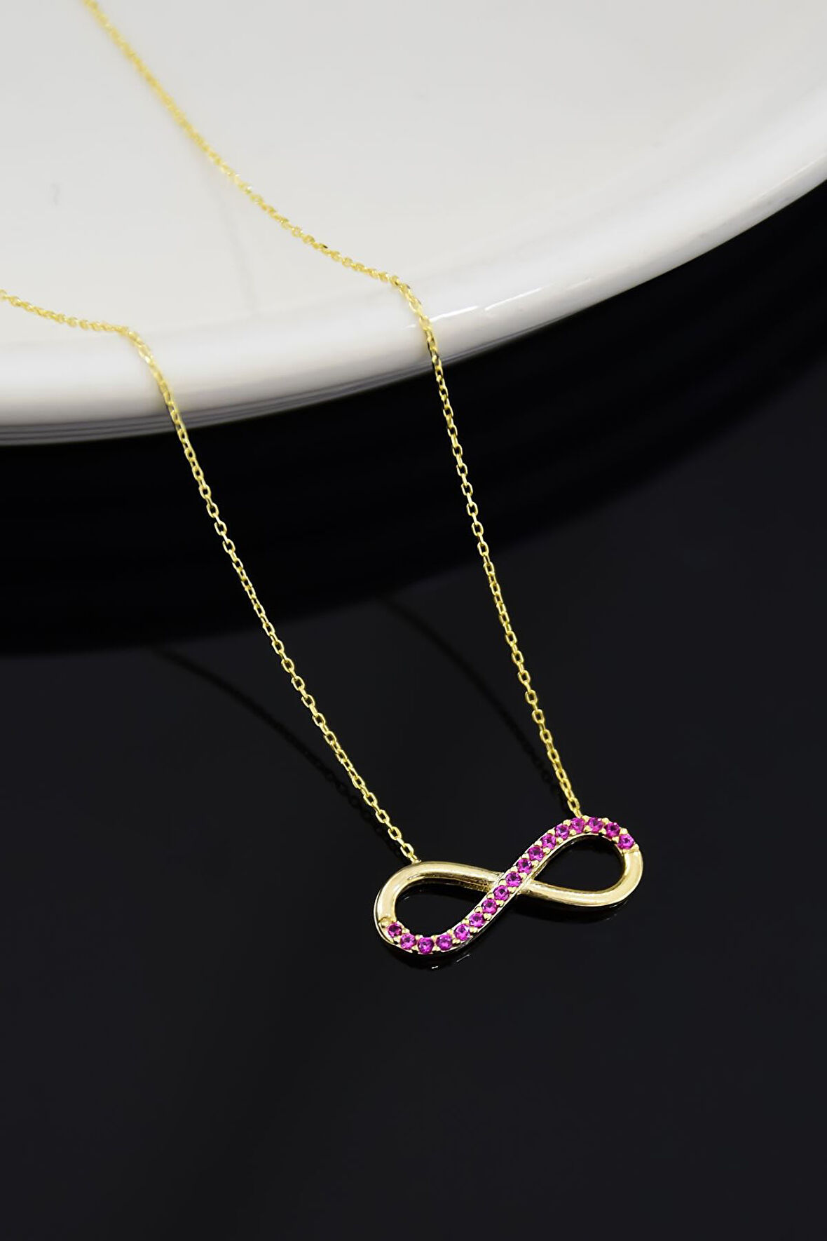 925 Ayar Gümüş Gold Kaplama Yarım Pembe Taşlı Sonsuzluk Kadın Kolye
