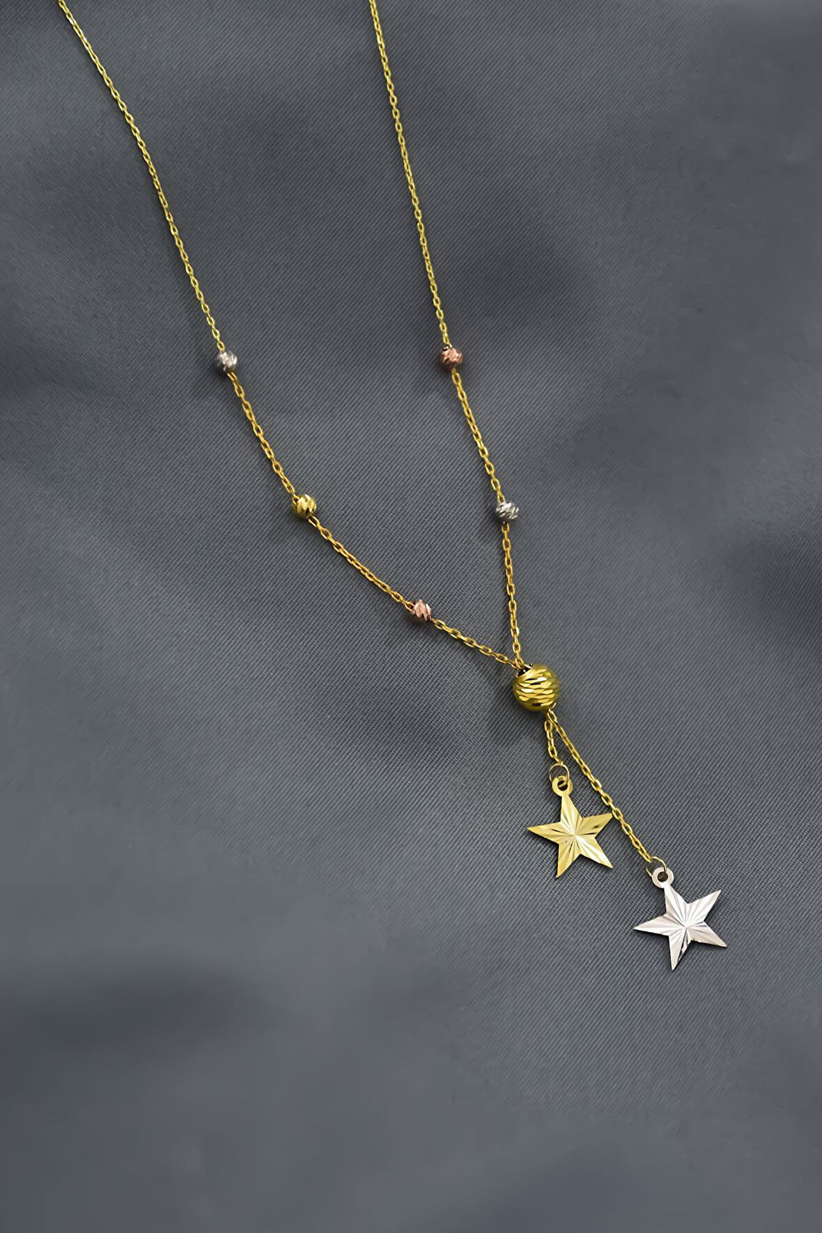 925 Ayar Gümüş Gold Kaplama Üç Renkli Dorika Toplu Kayan Kristal Yıldız Kolye