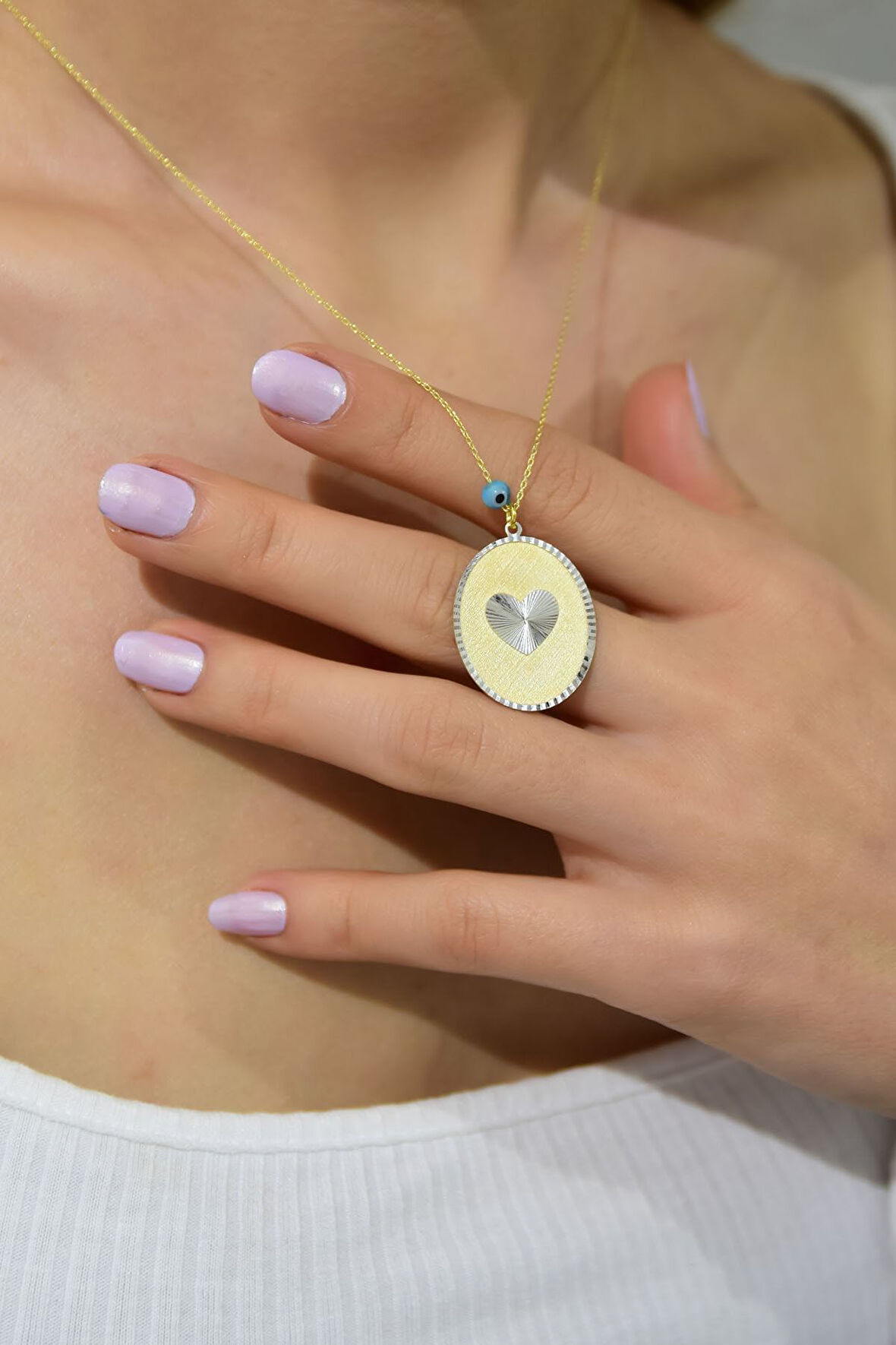 925 Ayar Gümüş Gold Kaplama Gözlü Kalp Plaka Kolye