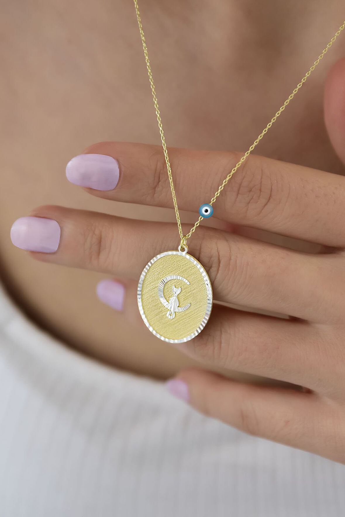 925 Ayar Gümüş Gold Kaplama Ayda Oturan Kedi Plaka Kolye