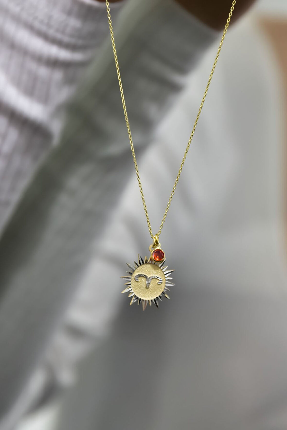 925 Ayar Gümüş Gold Kaplama Doğum Taşlı Kristal Kesim Plaka Koç/aries Burç Kolye