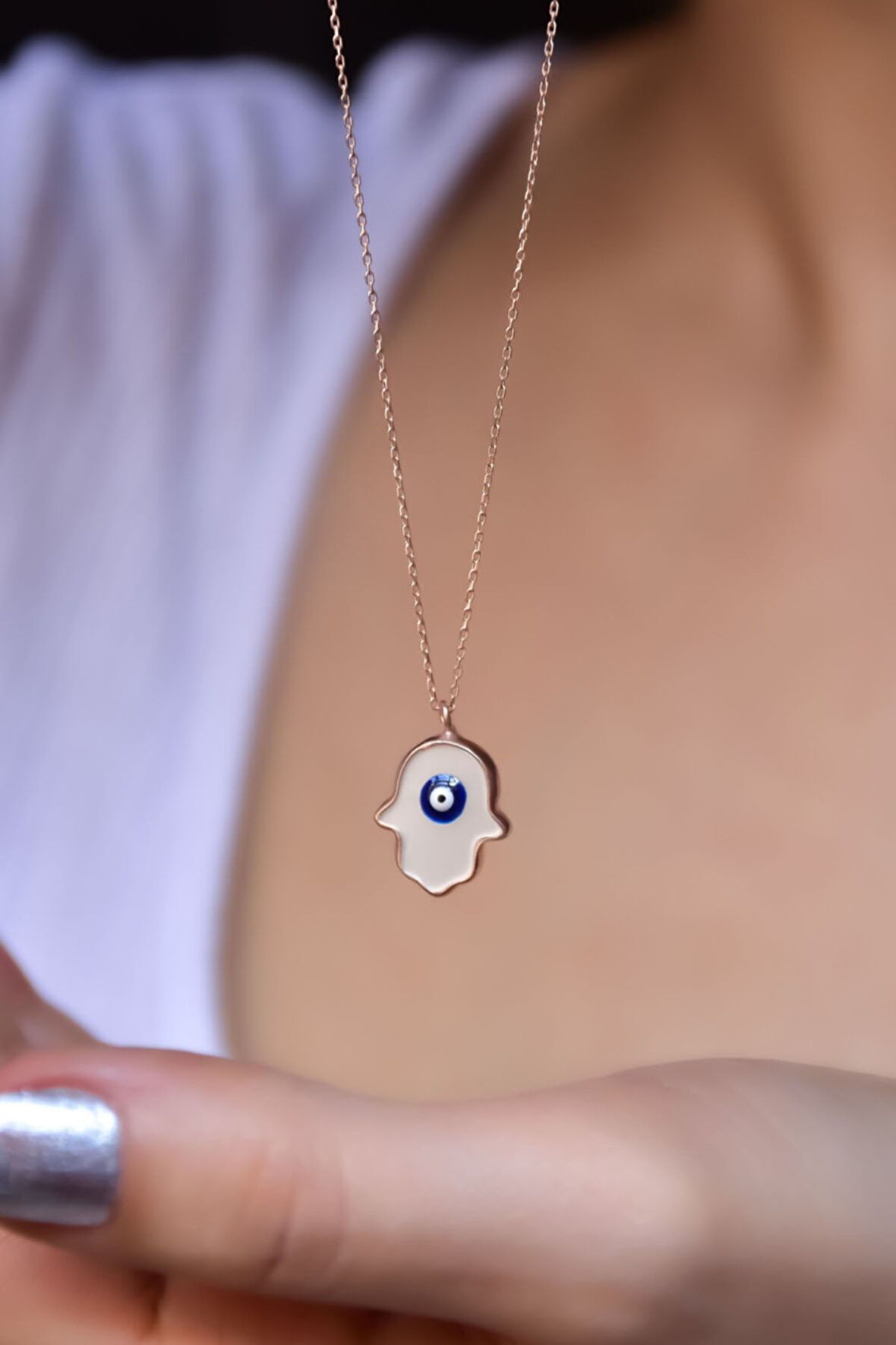 925 Ayar Gümüş Rose Kaplama Nazar Mineli Sedef Fatma Eli Kolye