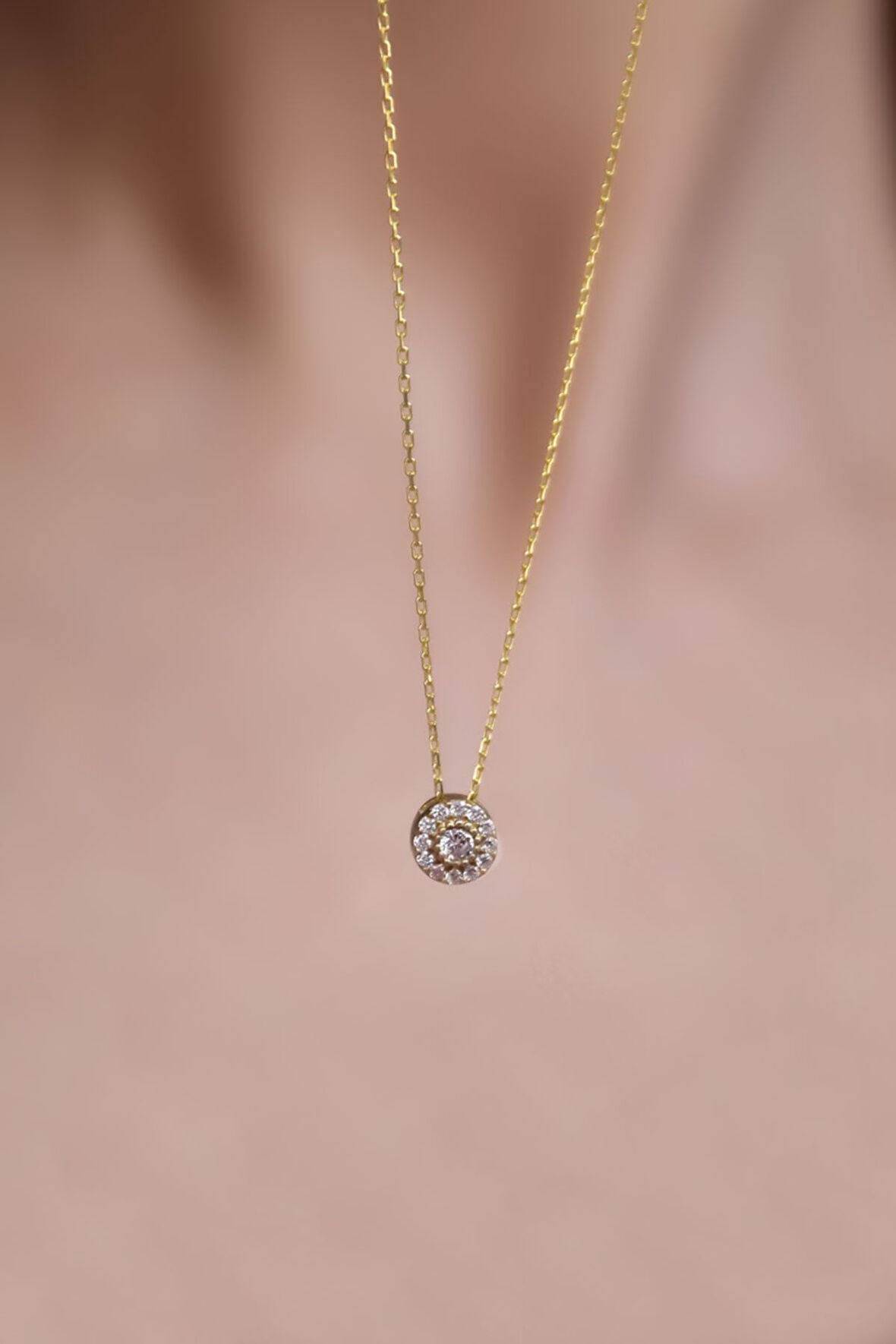 925 Ayar Gümüş Gold Kaplama Tek Taş Kolye