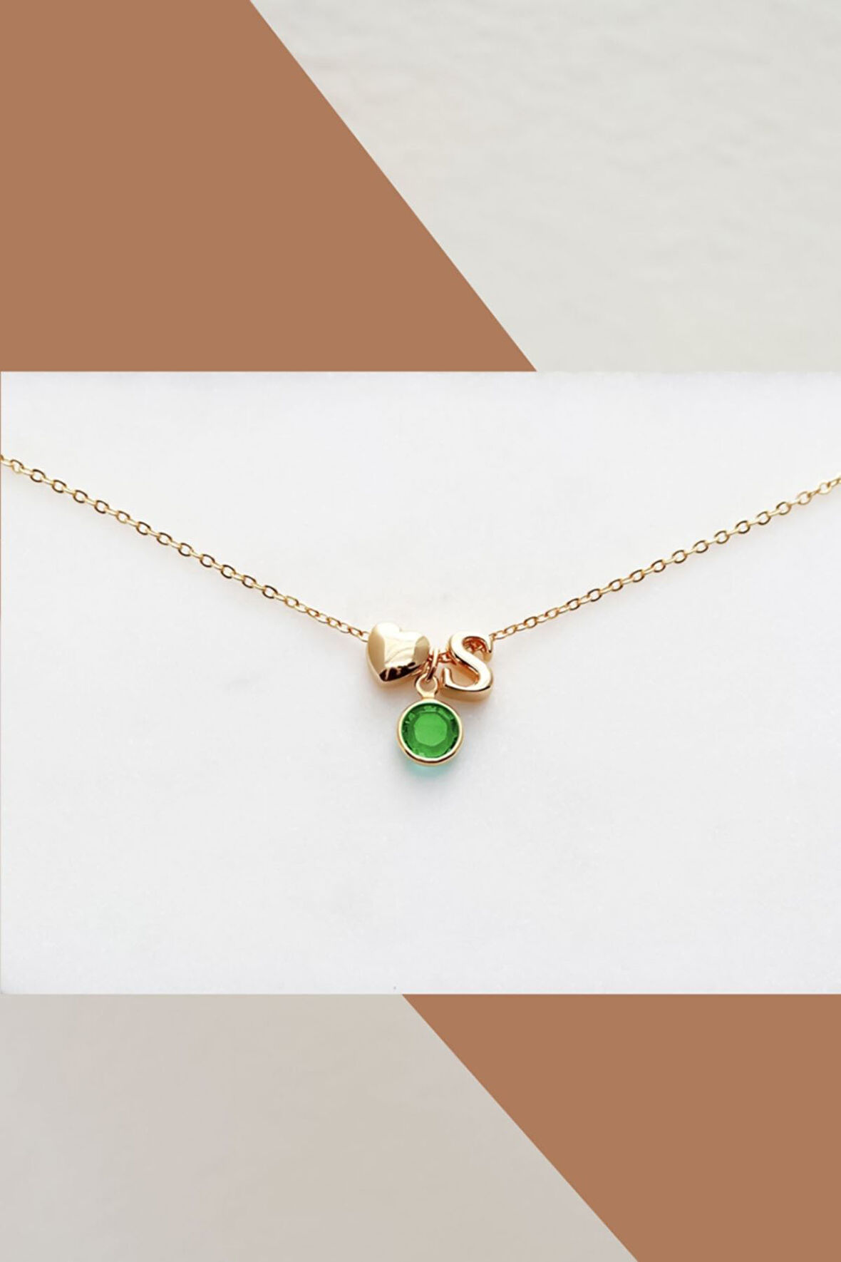 925 Ayar Gümüş Gold Mini Üç Boyutlu S Harfi Kalp Doğum Taşlı Kolye