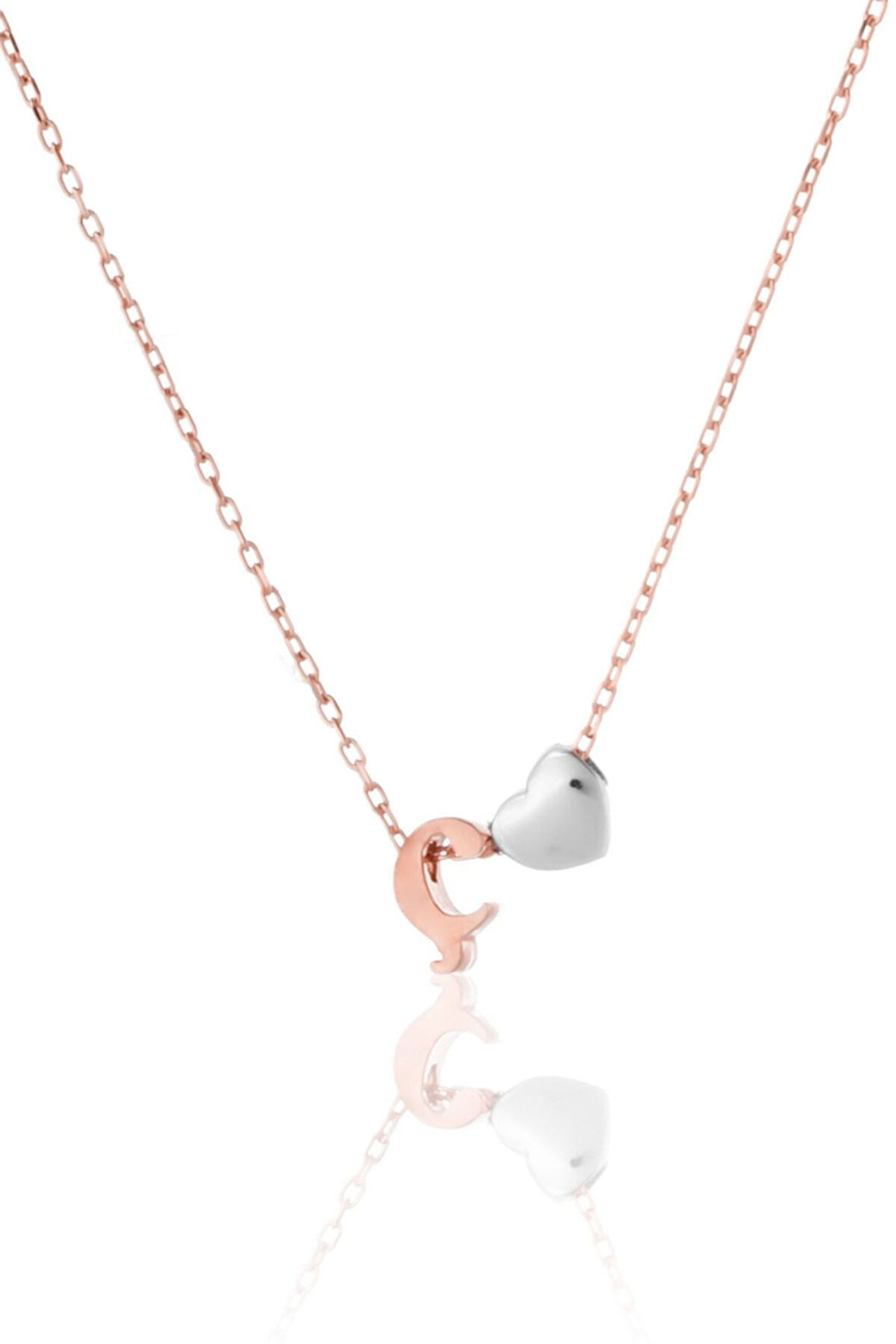 925 Ayar Gümüş Rose Kaplama Mini Üç Boyutlu Ç Harfi Kalp Kolye