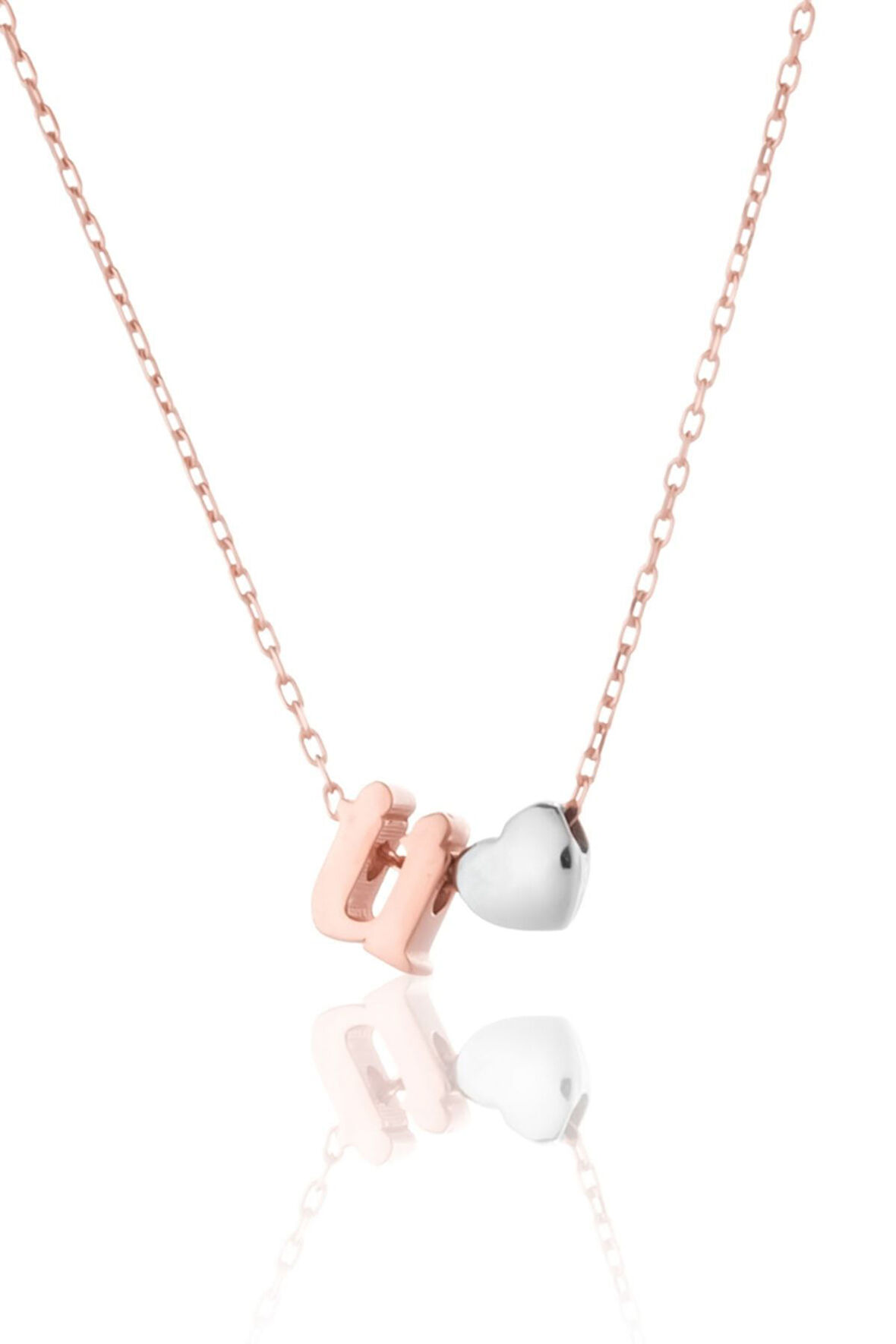 925 Ayar Gümüş Rose Kaplama Mini Üç Boyutlu Ü Harfi Kalp Kolye