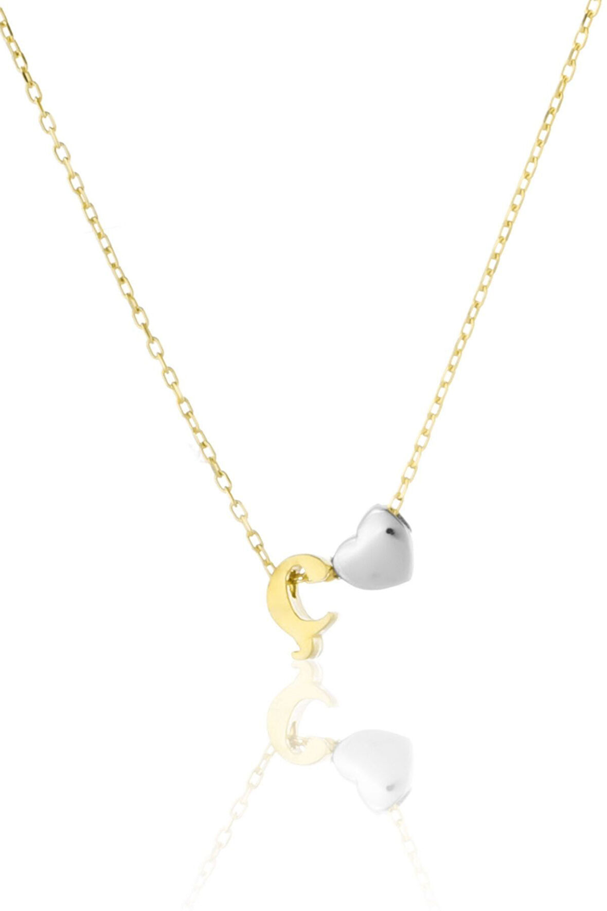 925 Ayar Gümüş Gold Kaplama Mini Üç Boyutlu Ç Harfi Kalp Kolye