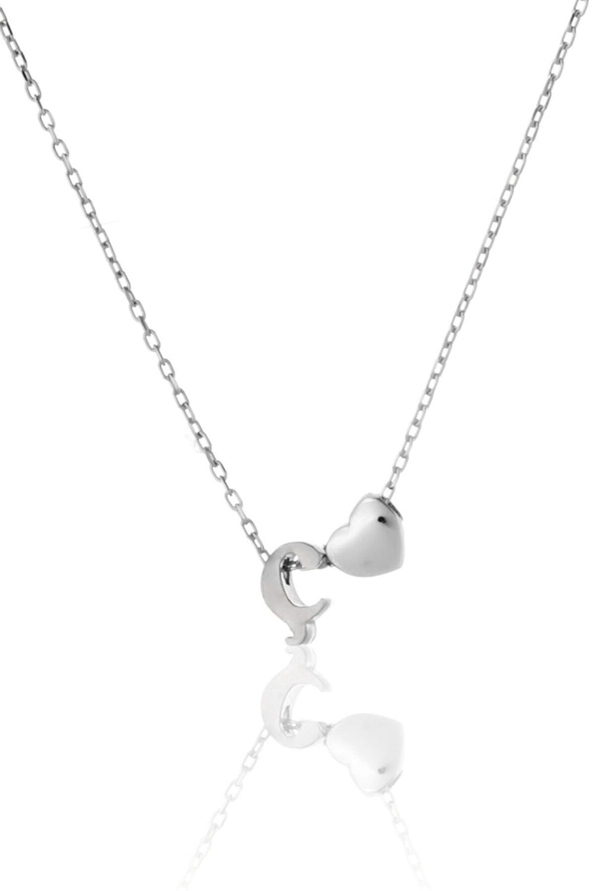 925 Ayar Gümüş Rodyum Kaplama Mini Üç Boyutlu Ç Harfi Kalp Kolye