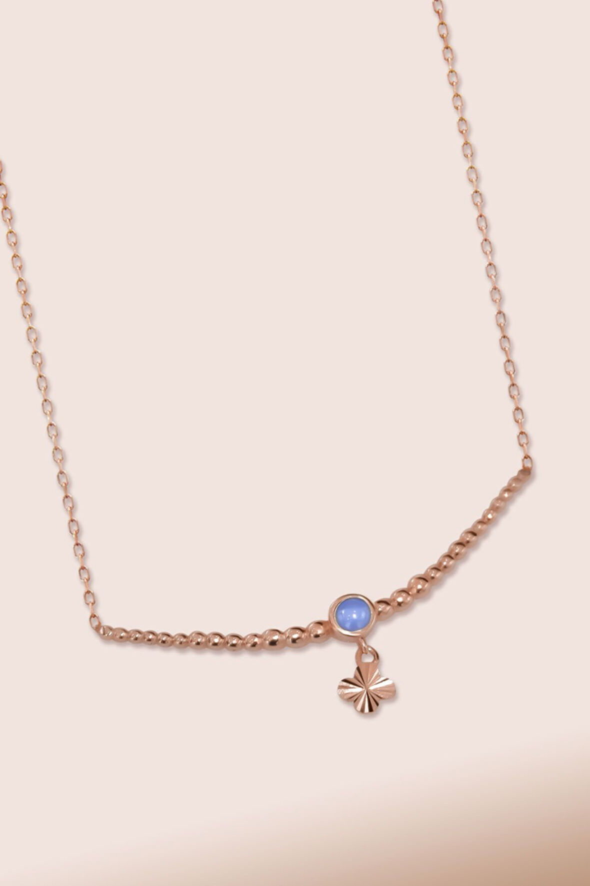 925 Ayar Gümüş Rose Kaplama Top Motifli Mor Ay Taşı Yonca Kolye