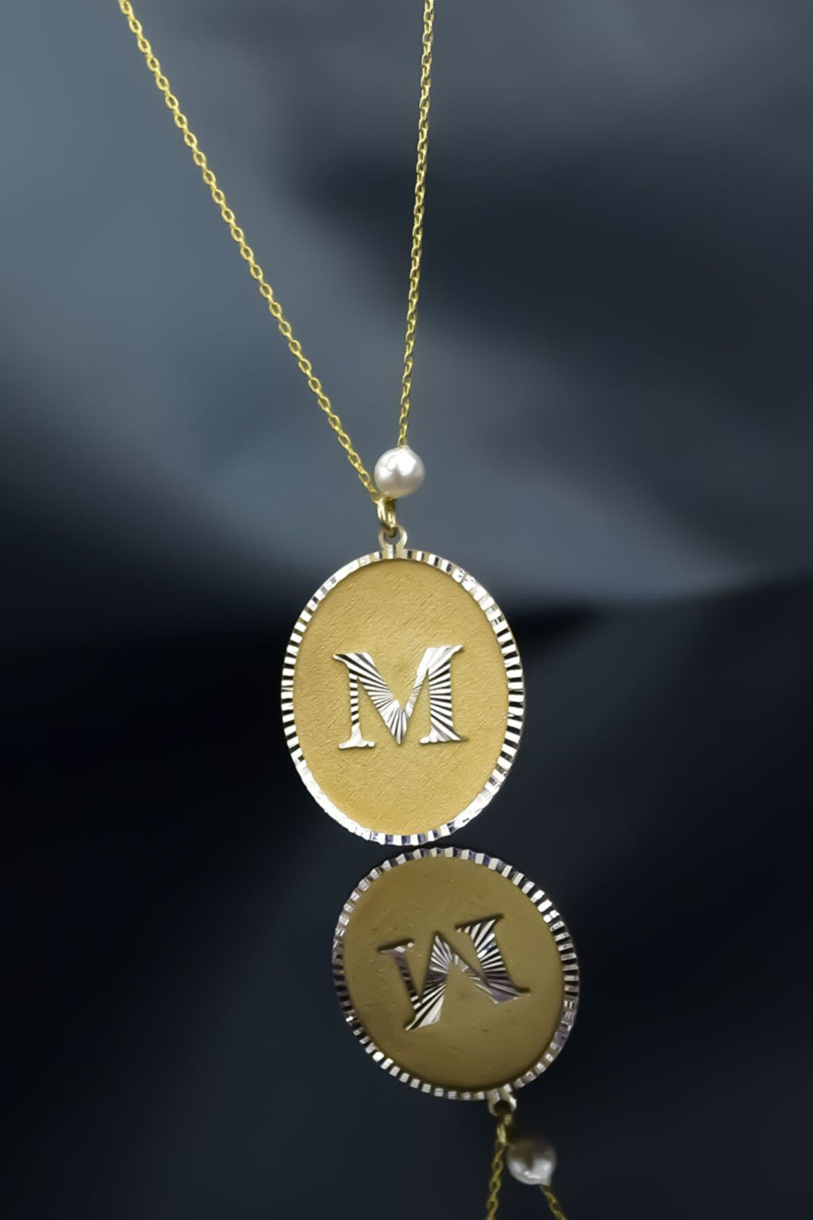 925 Ayar Gümüş Gold Rodyum Kaplama Incili M Harf Plaka Kolye