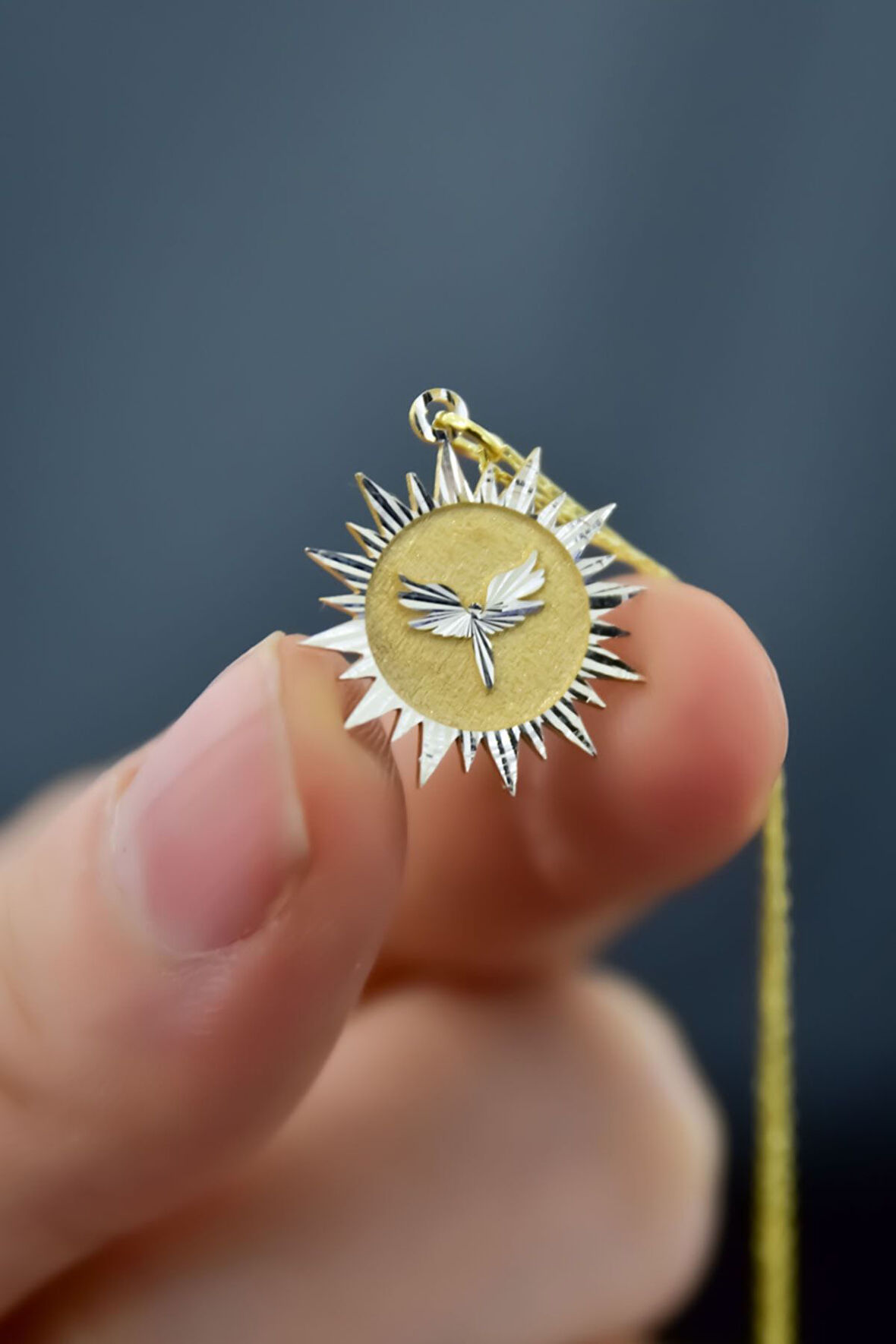 925 Ayar Gümüş Gold Rodyum Kaplama Mikail Meleği Kristal Kesim Güneş Plaka Kolye