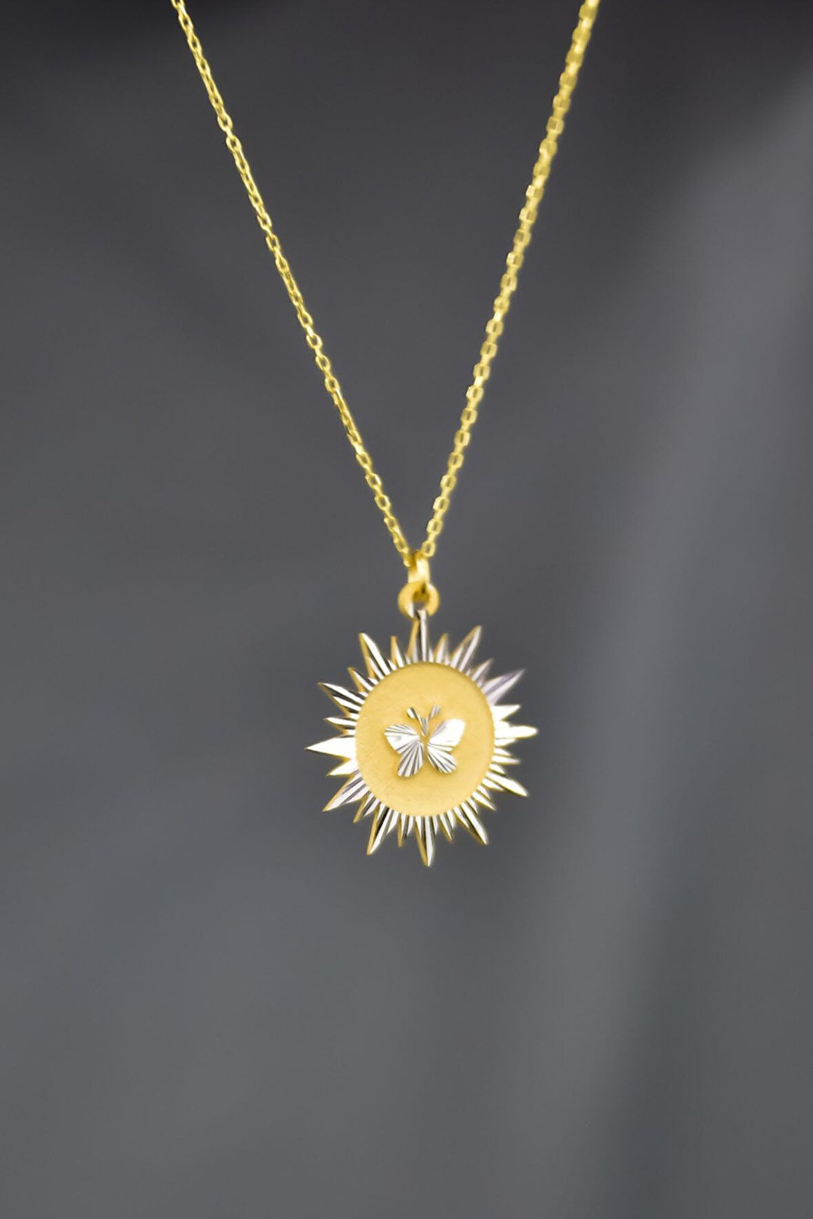 925 Ayar Gümüş Gold Rodyum Kaplama Kelebek Kristal Kesim Güneş Plaka Kolye