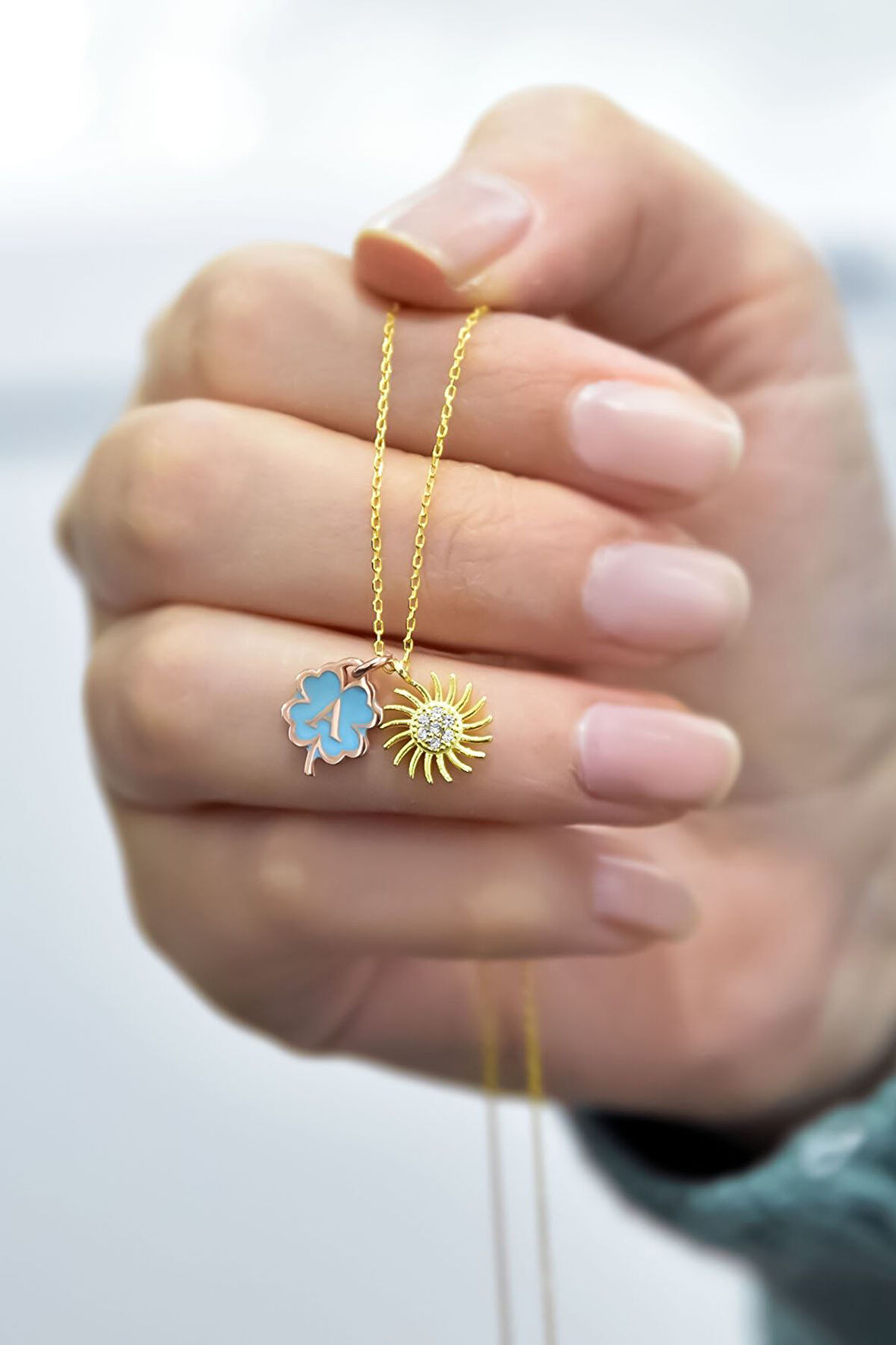 925 Ayar Gümüş Gold Kaplama Yonca Mineli A Harfli Güneş Kolye