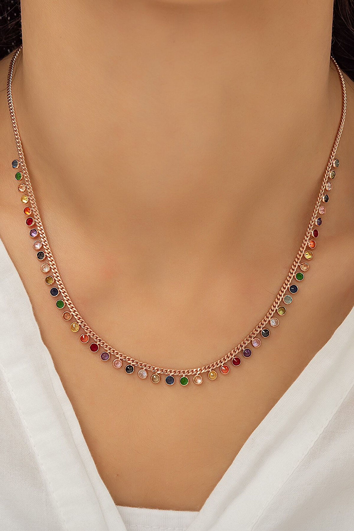 925 Ayar Gümüş Rose Kaplama Sallantılı Mix Taşlı Kolye