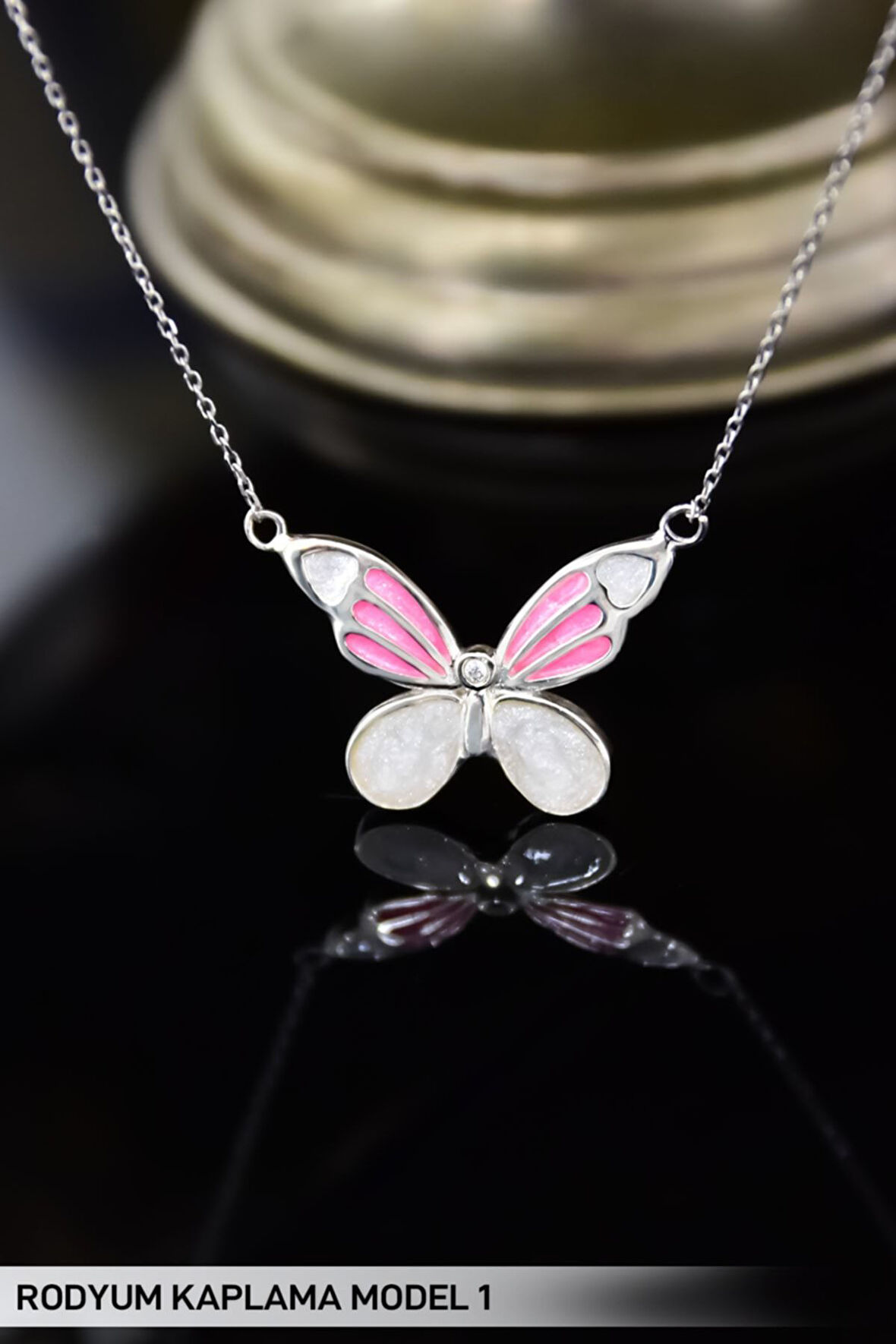 925 Ayar Gümüş Rodyum Kaplama Pembe Sedef Mineli Kelebek Kolye Model