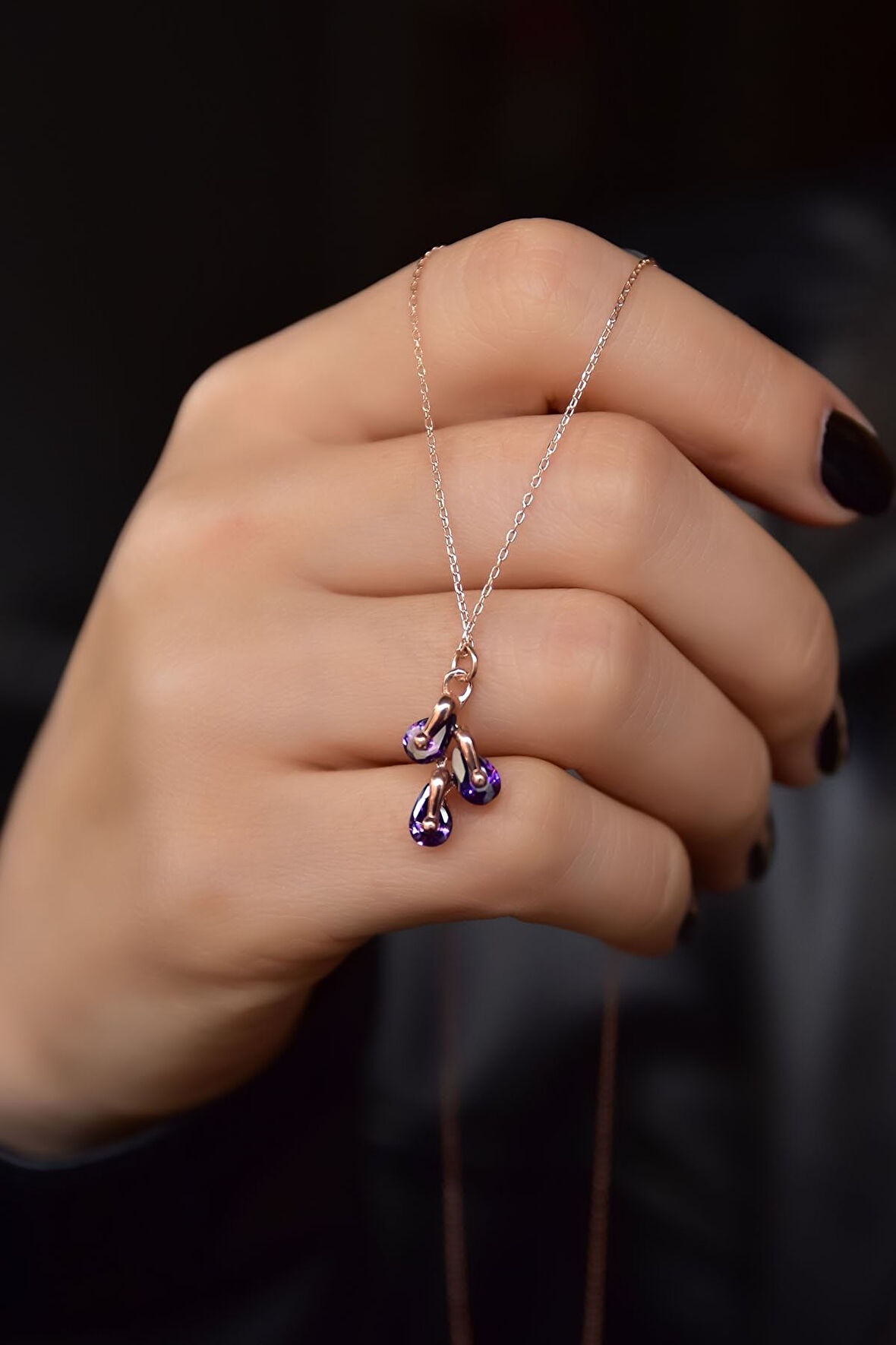 925 Ayar Gümüş Rose Kaplama Şubat Ayı Doğum Taşlı Kübik Drop Kolye