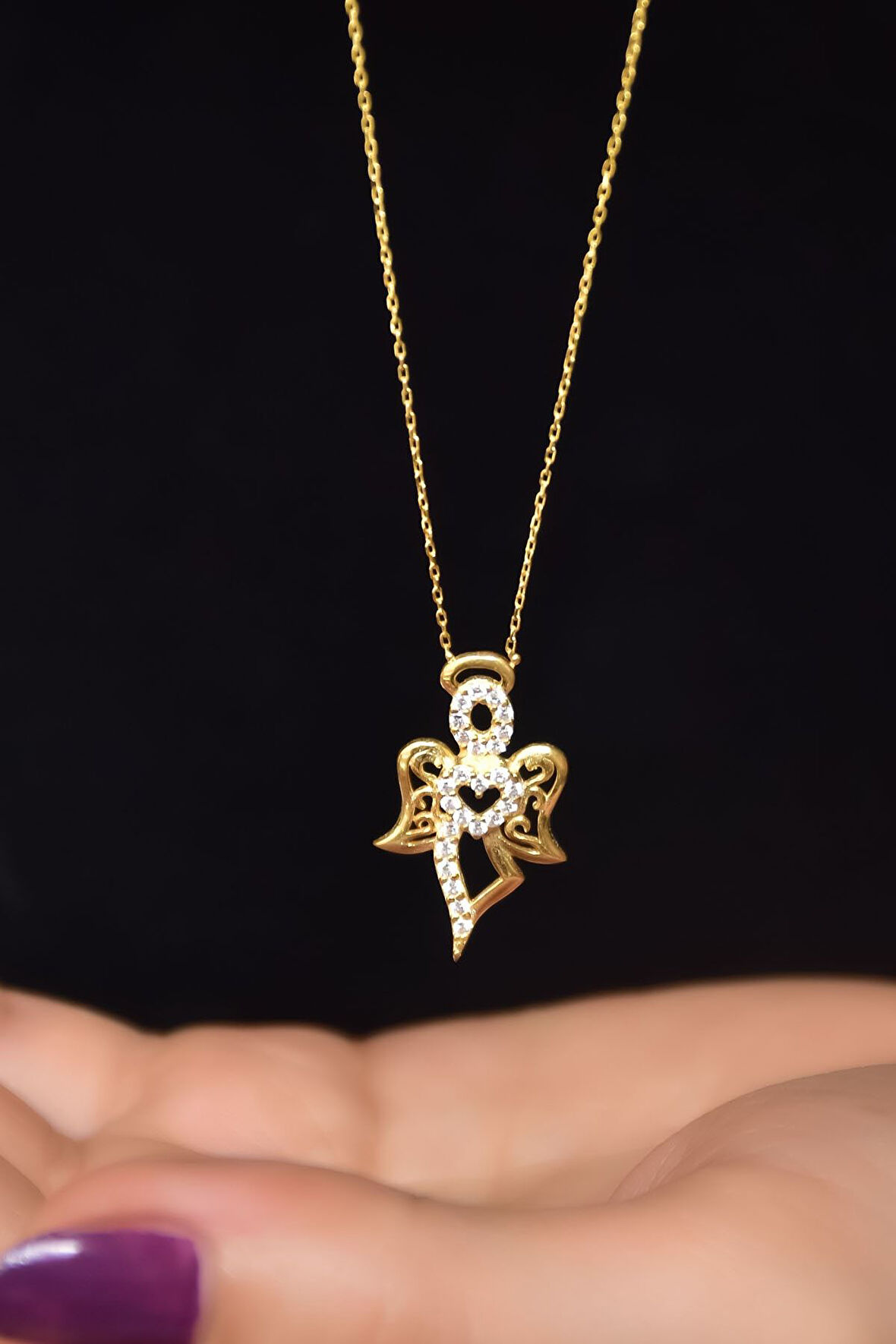 925 Ayar Gümüş Gold Kaplama Zirkon Taşlı Kalpli Melek Kolye