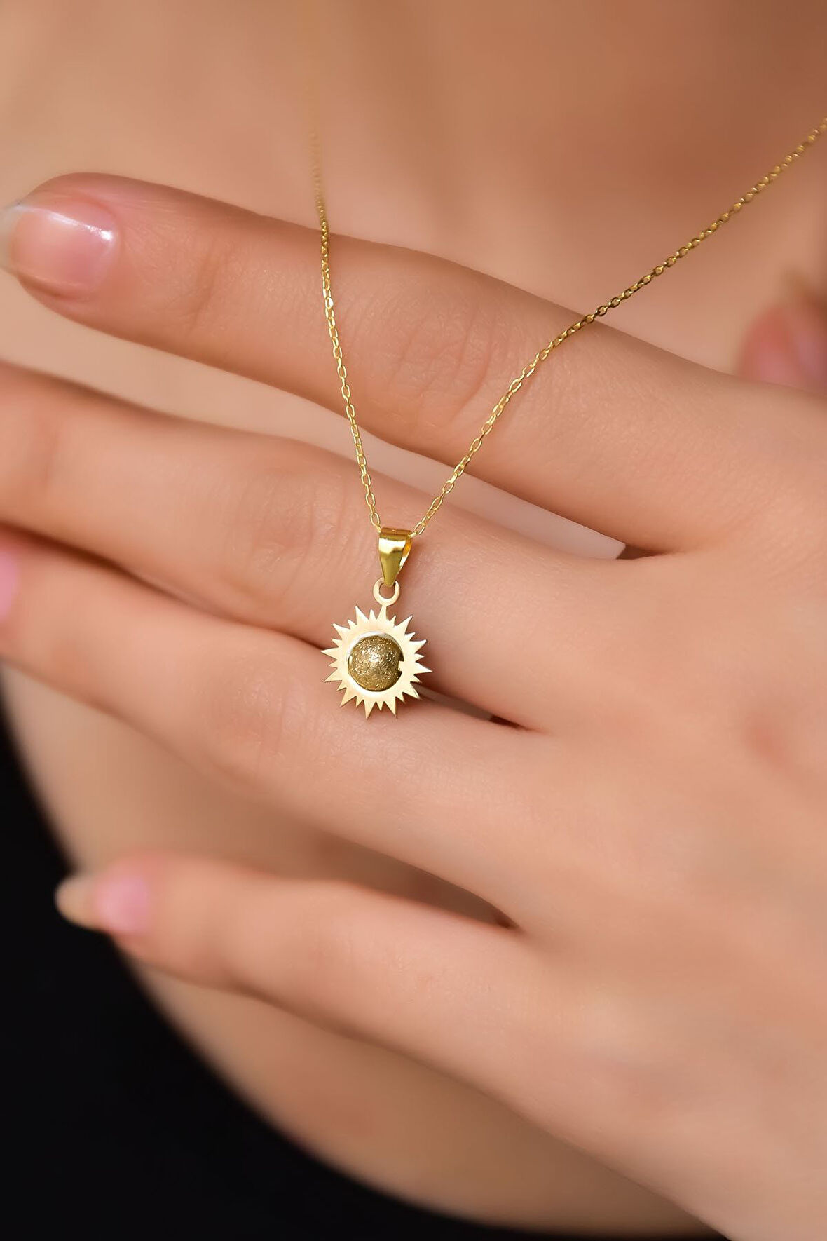 925 Ayar Gümüş Gold Kaplama Sim Toplu Güneş Kolye